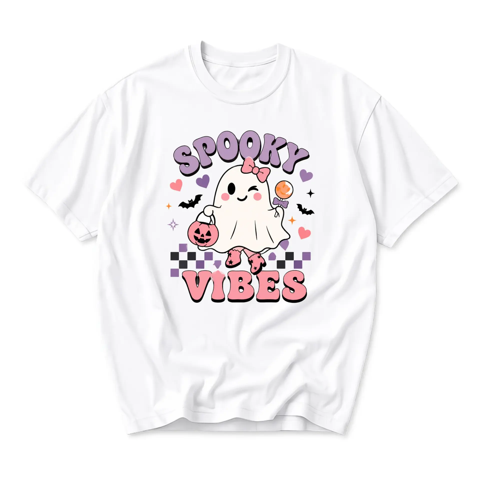 Graphic Tee Spooky Vibes Ghost Print Unisex Crew Neck Shirt Retro Style Casual Apparel for Everyday Outfits