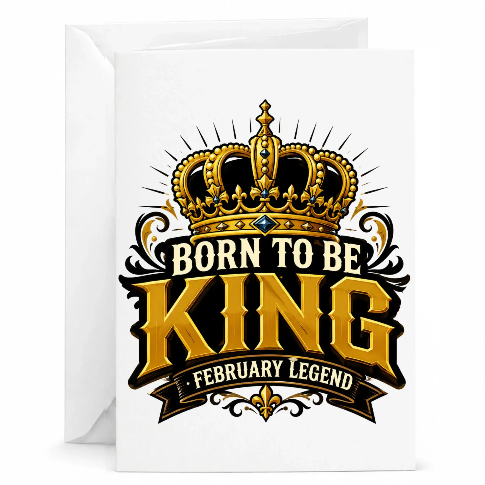 Birthday Card Born to Be King February Legend Gold Crown Design Greeting Card for Him with Matching Envelope