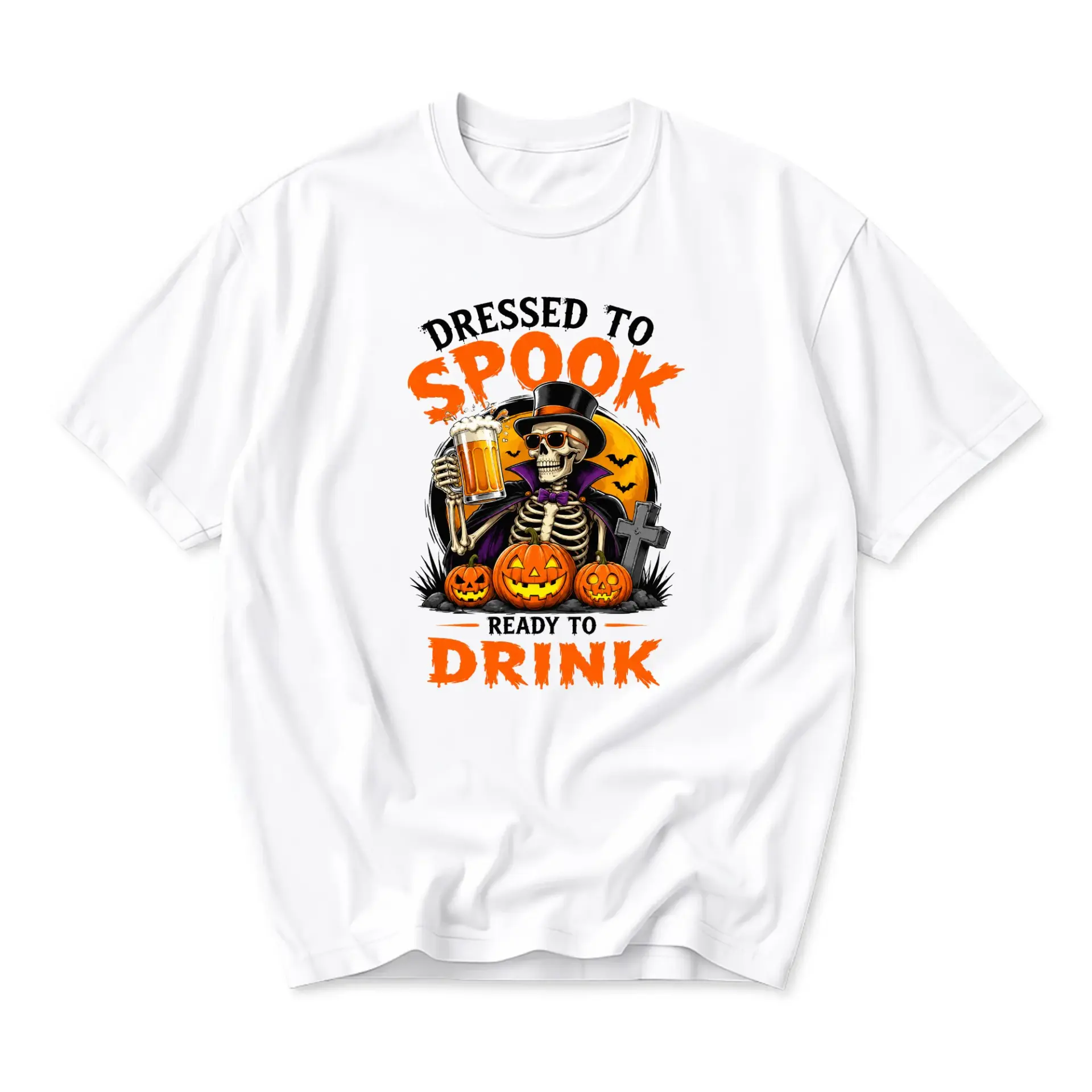 Funny Shirt Dressed to Spook Ready to Drink Skeleton Halloween Graphic Unisex Crew Neck Casual Everyday T-Shirt