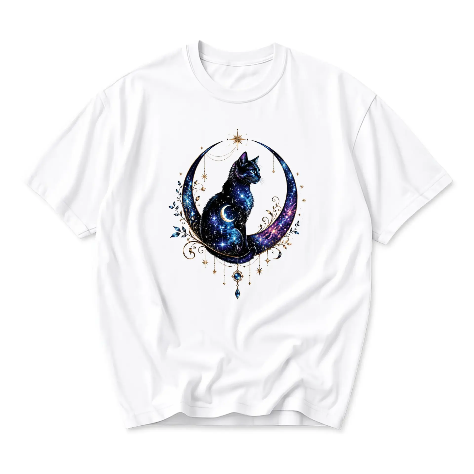 Graphic Tee Celestial Black Cat Moon Print Unisex Crew Neck Cotton Blend Soft Breathable Casual Summer Everyday Top