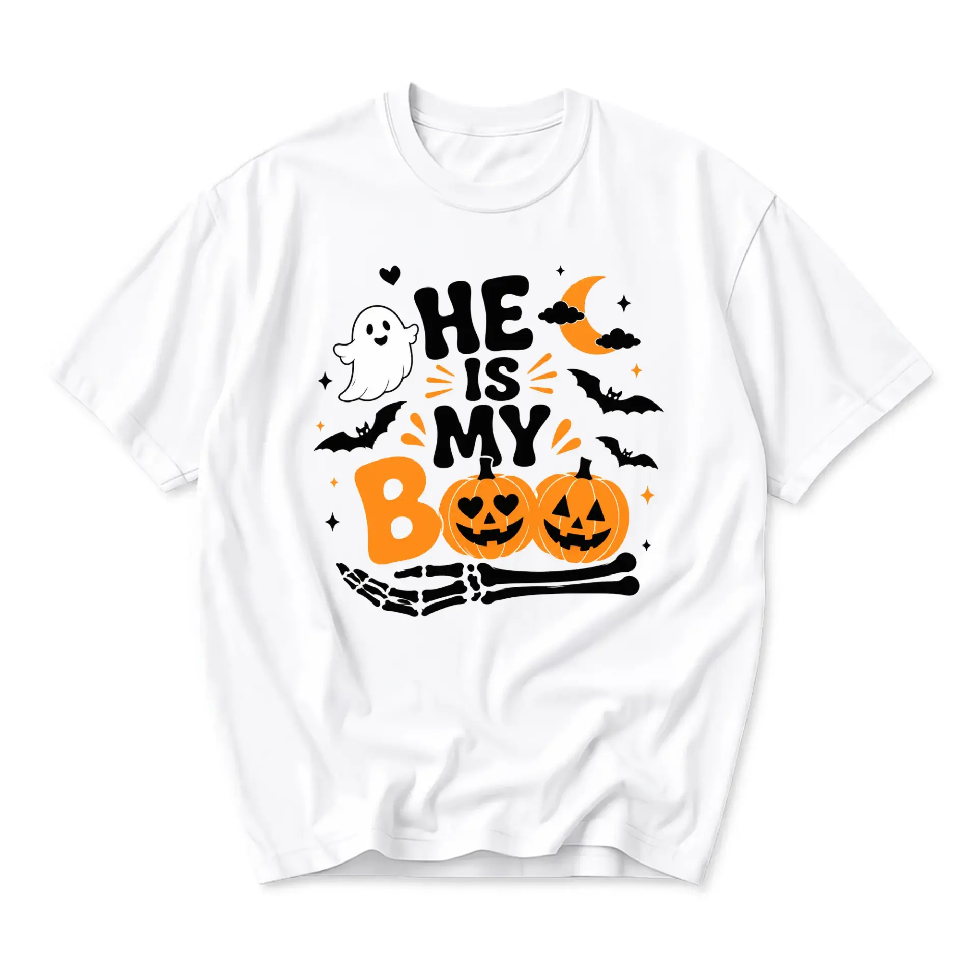 Graphic Tee He Is My Boo Halloween Spooky Season Shirt Seasonal Unisex Crew Neck Short Sleeve Cotton Apparel
