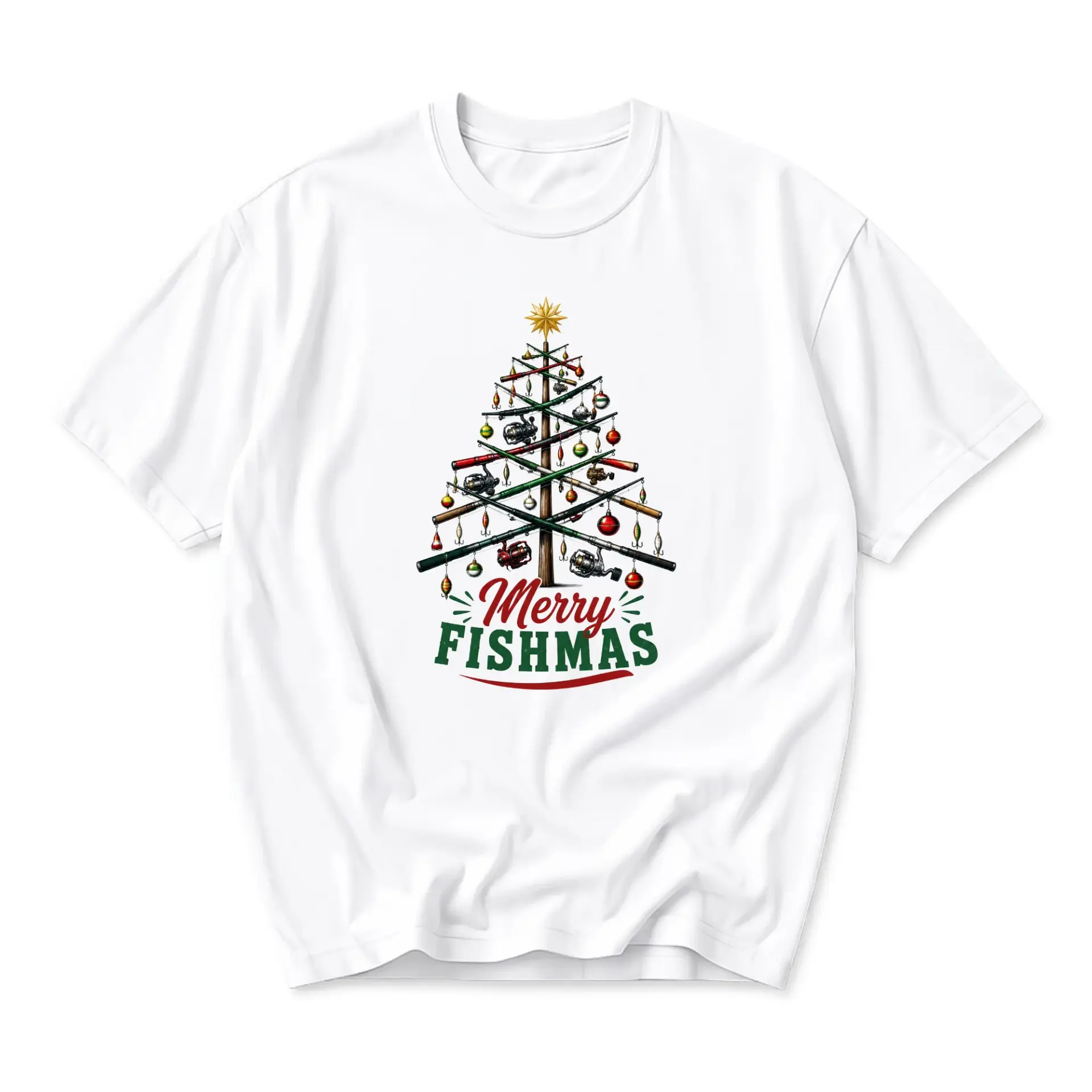 Funny Shirt Merry Fishmas Fishing Christmas Tree Graphic Tee Unisex Casual
