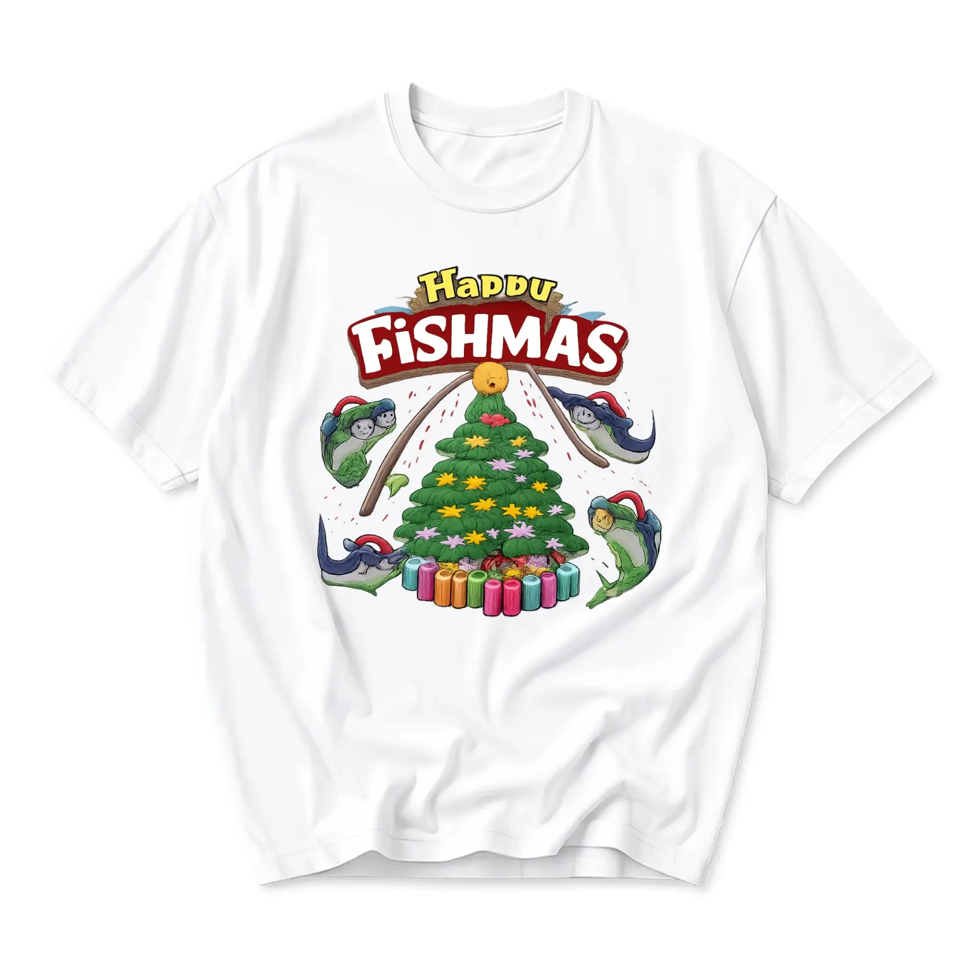 Funny Shirt Happy Fishmas Holiday Graphic Tee Unisex Short Sleeve Crew Neck Cotton Blend Casual Apparel for