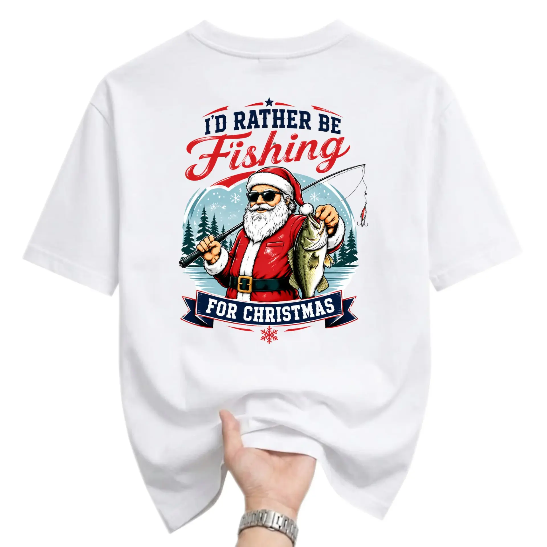 Funny Shirt Christmas Fishing Graphic Tee Seasonal Humor Unisex Crew Neck