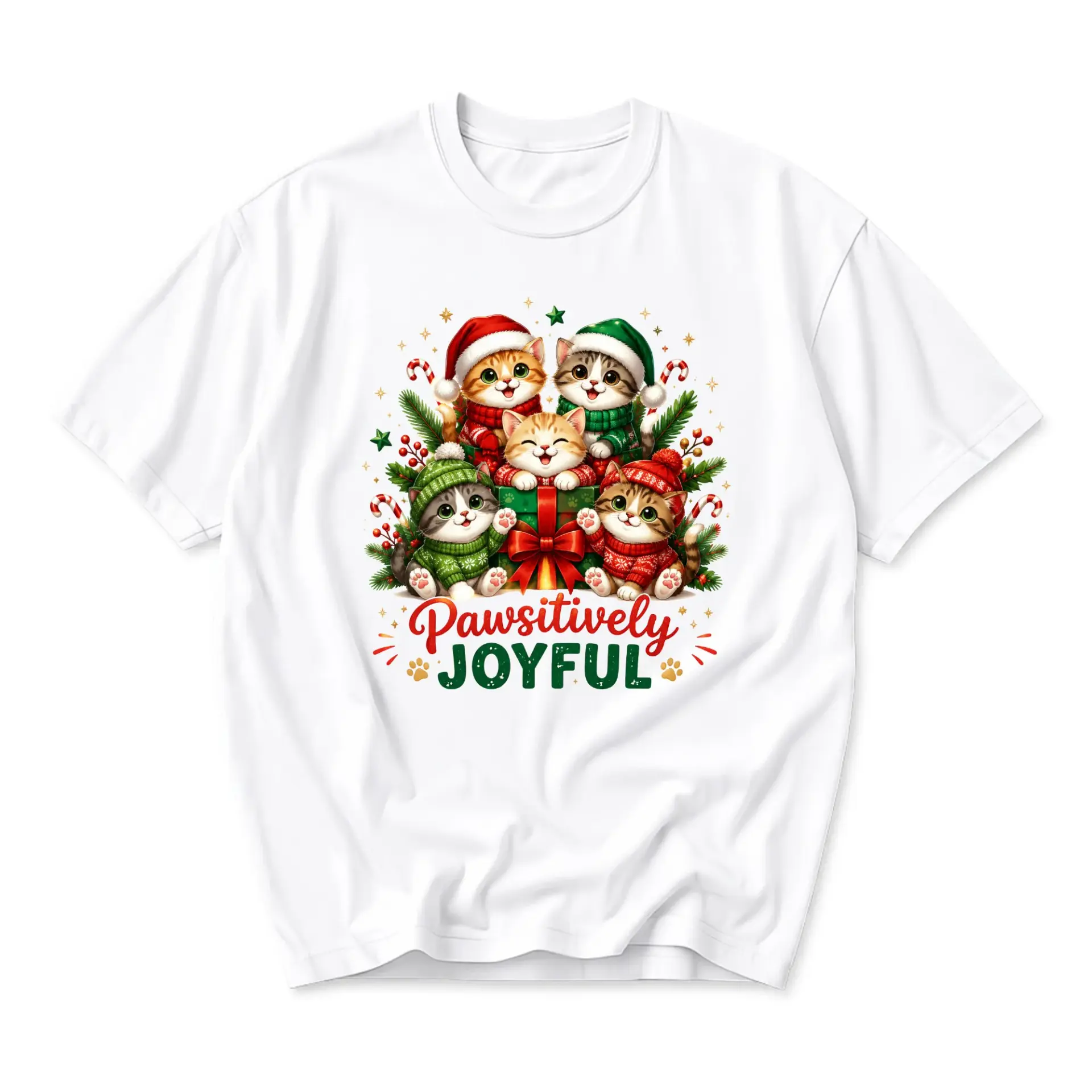 Funny Shirt Pawsitively Joyful Christmas Cats Graphic Tee Casual Holiday Season Short Sleeve Unisex Crew Neck Cotton Top