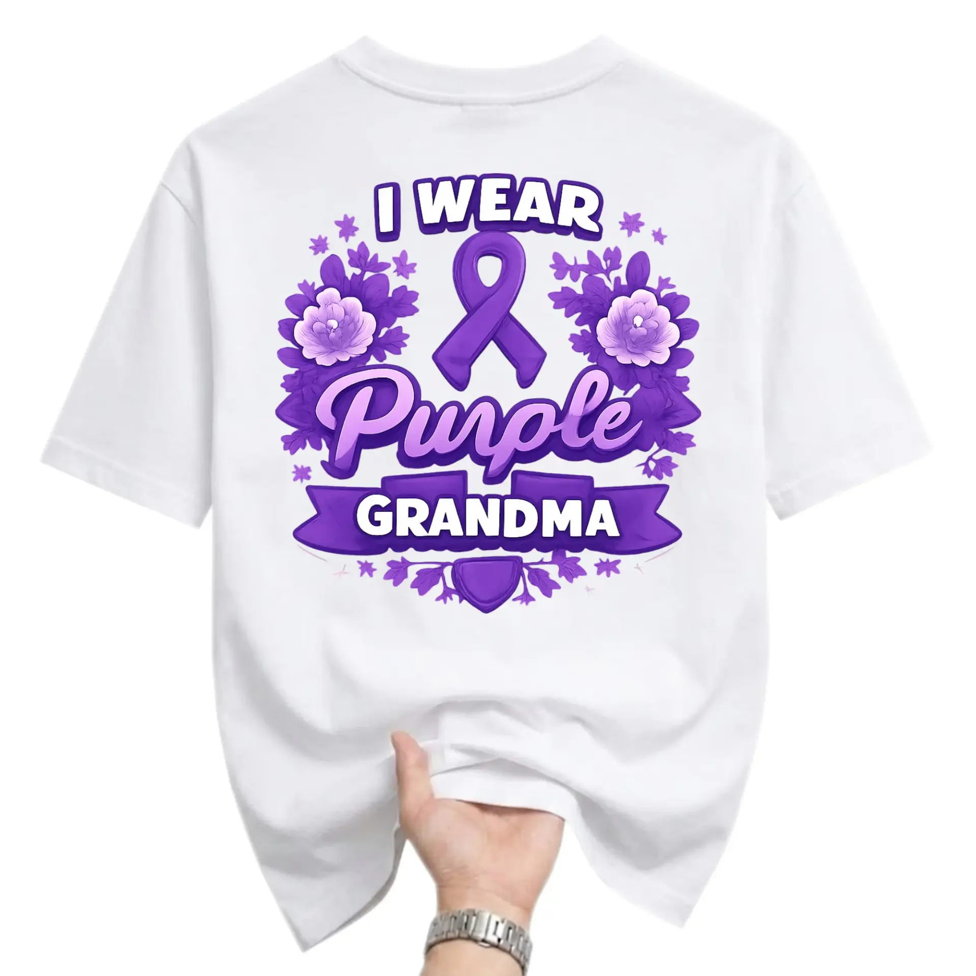 Graphic Tee I Wear Purple for Grandma Awareness Ribbon Floral Design Casual Unisex Crew Neck Short Sleeve Shirt