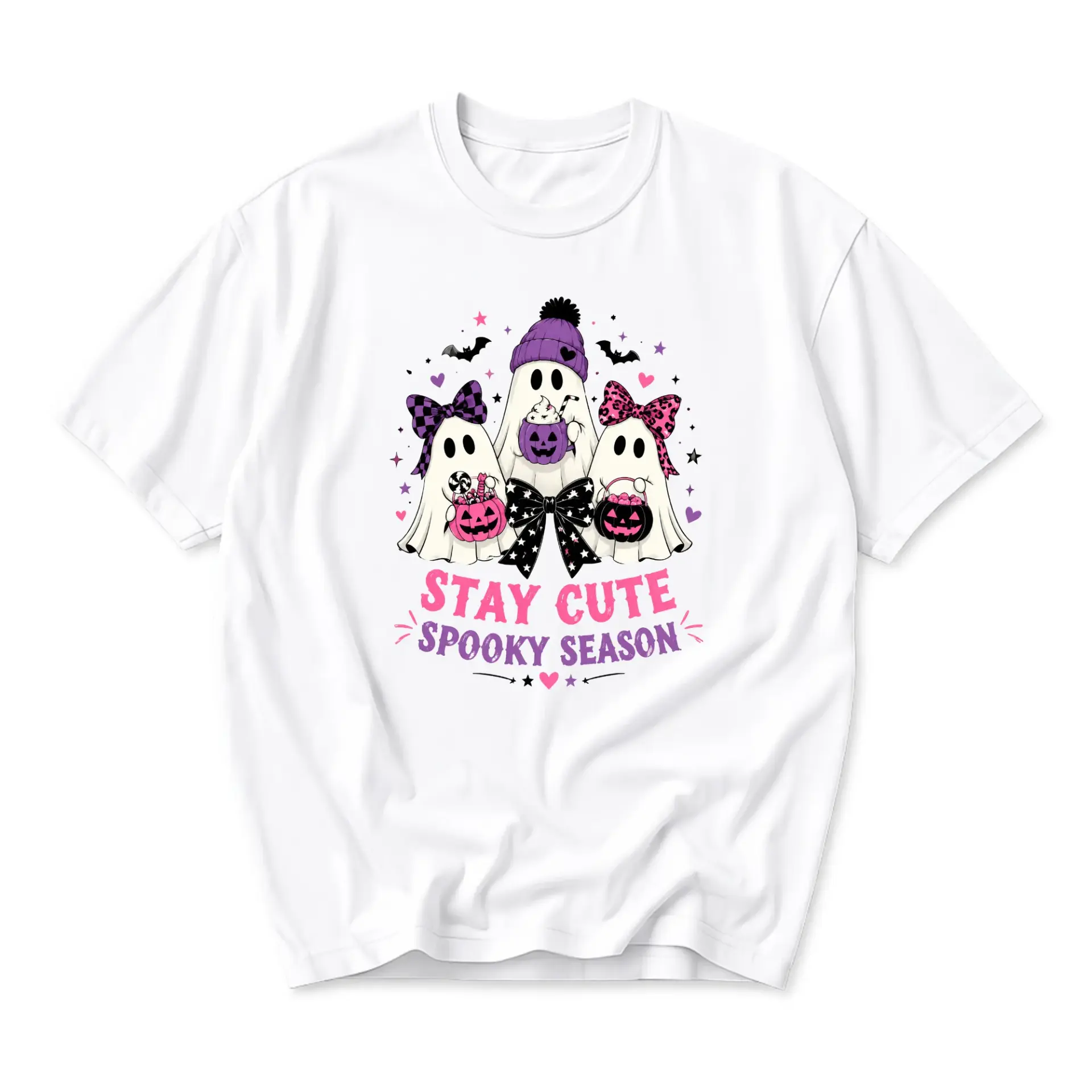 Funny Shirt Stay Cute Spooky Season Ghost Graphic Tee Halloween Inspired Unisex Short Sleeve Crew Neck Cotton Apparel