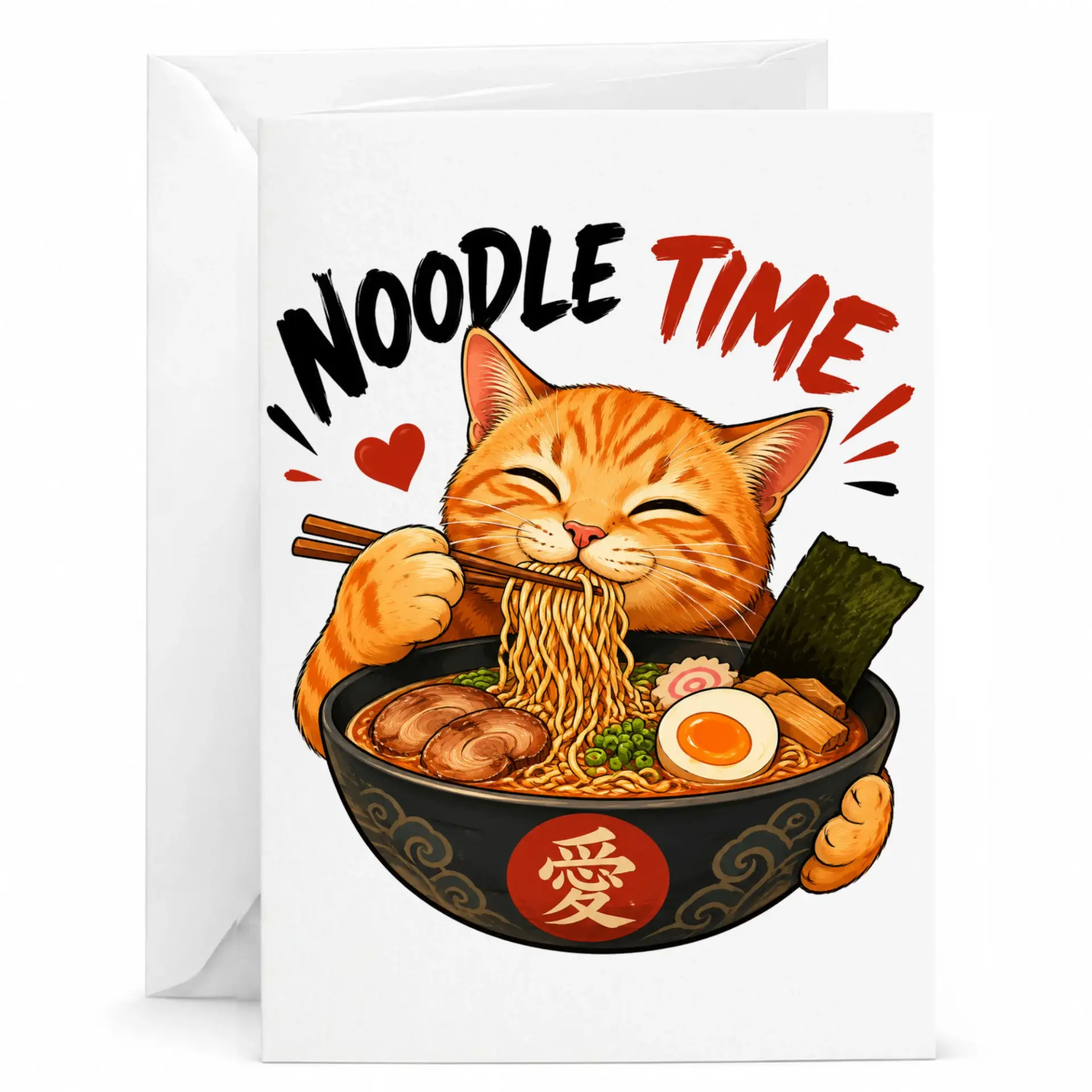 Funny Noodle Time Cat Greeting Card Cute Tabby Eating Ramen Illustration Premium Folded Note for Food Lovers