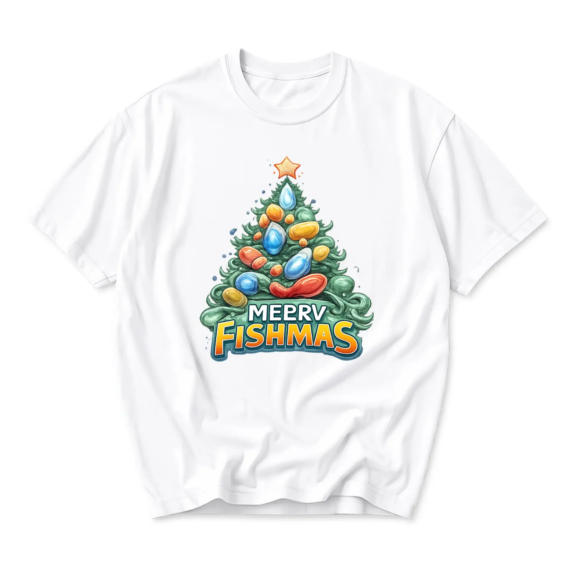 Funny Shirt Merry Fishmas Christmas Tree Graphic Tee Unisex Crew Neck Short Sleeve Casual Holiday Cotton Blend Top