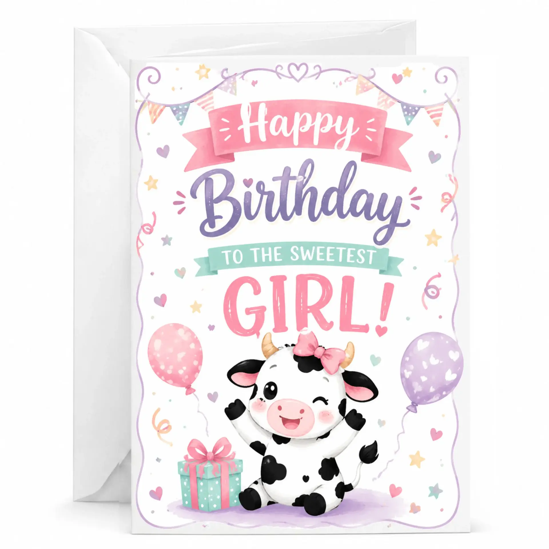 Birthday Card for Her, Happy Birthday to the Sweetest Girl Greeting Card with Envelope, Cute Cow Design Party Stationery