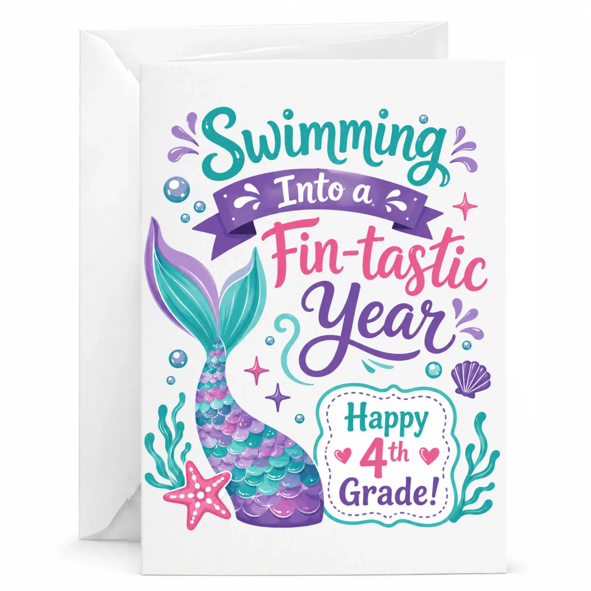 Greeting Card Swimming into a Fin-Tastic Year Happy 4th Mermaid Themed Paper Stationery for