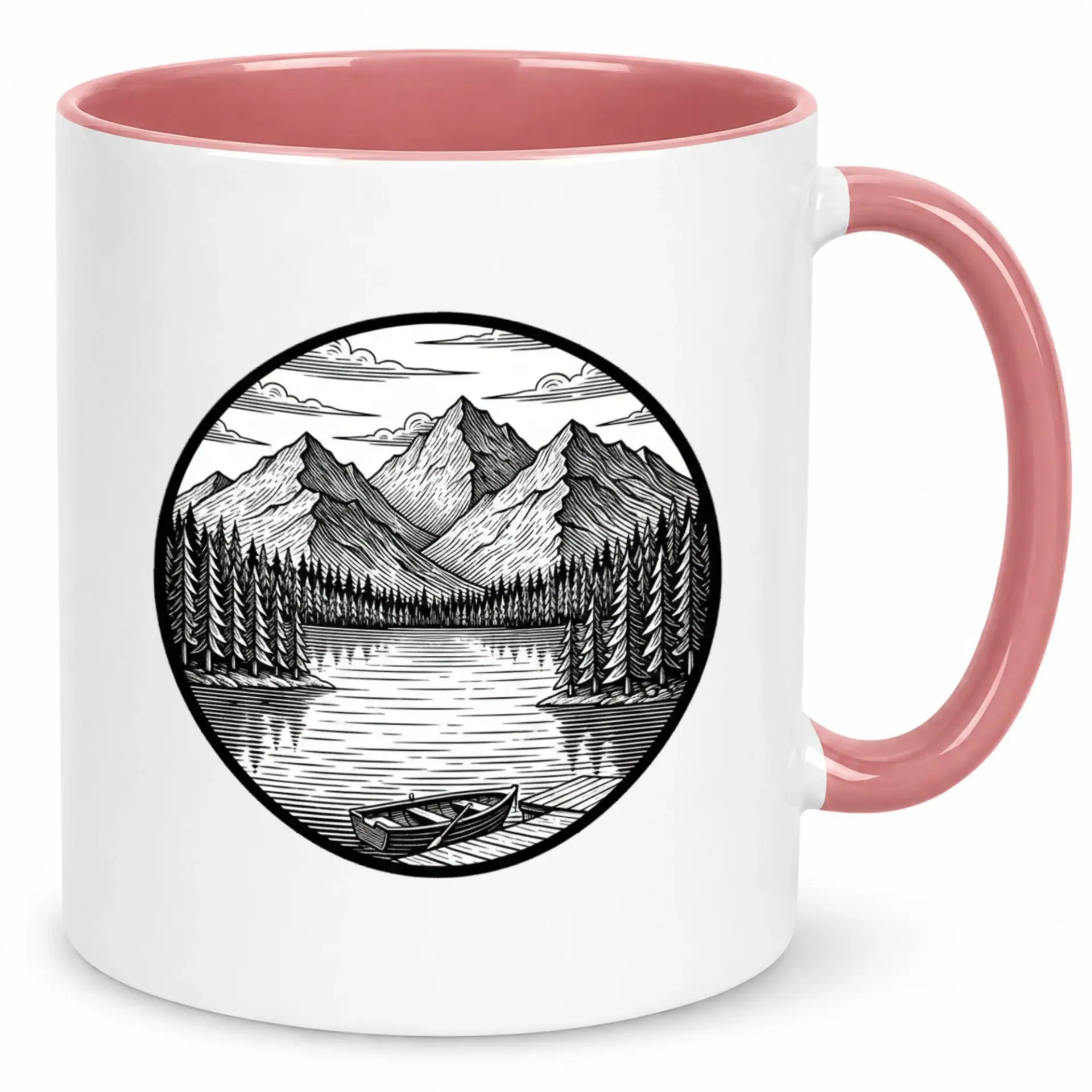 Scenic Mountain Lake Forest Ceramic Coffee Mug | Outdoor Adventure Nature Landscape White Drinkware with Pink Handle for Home or Office