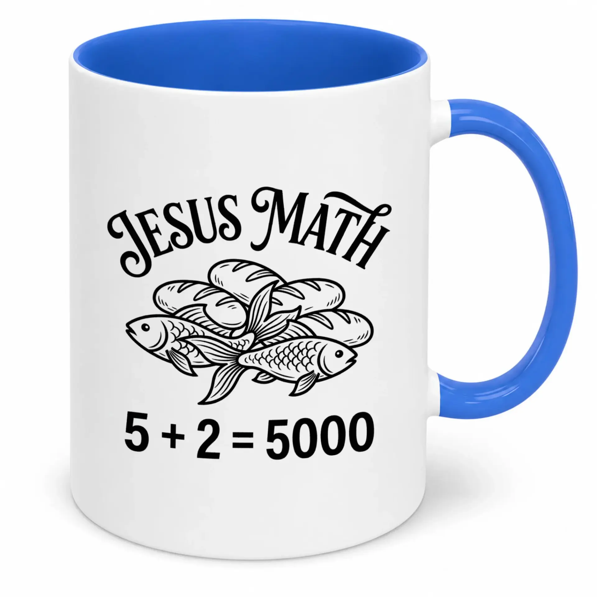 Funny Jesus Math Coffee Mug with Bread and Fish Design Unique Religious Humor Ceramic Tea Cup for Home Office Kitchen 11 Oz or 15 Oz
