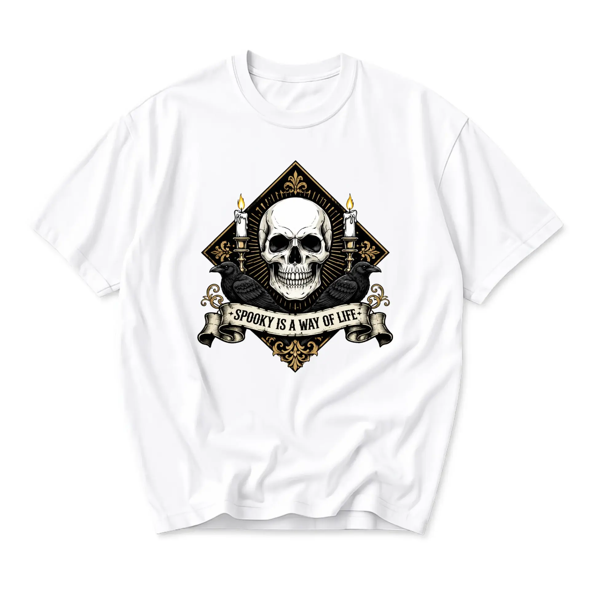 Funny Shirt Spooky Is a Way of Life Gothic Skull Raven Graphic Unisex Crew Neck Casual Print T-Shirt White