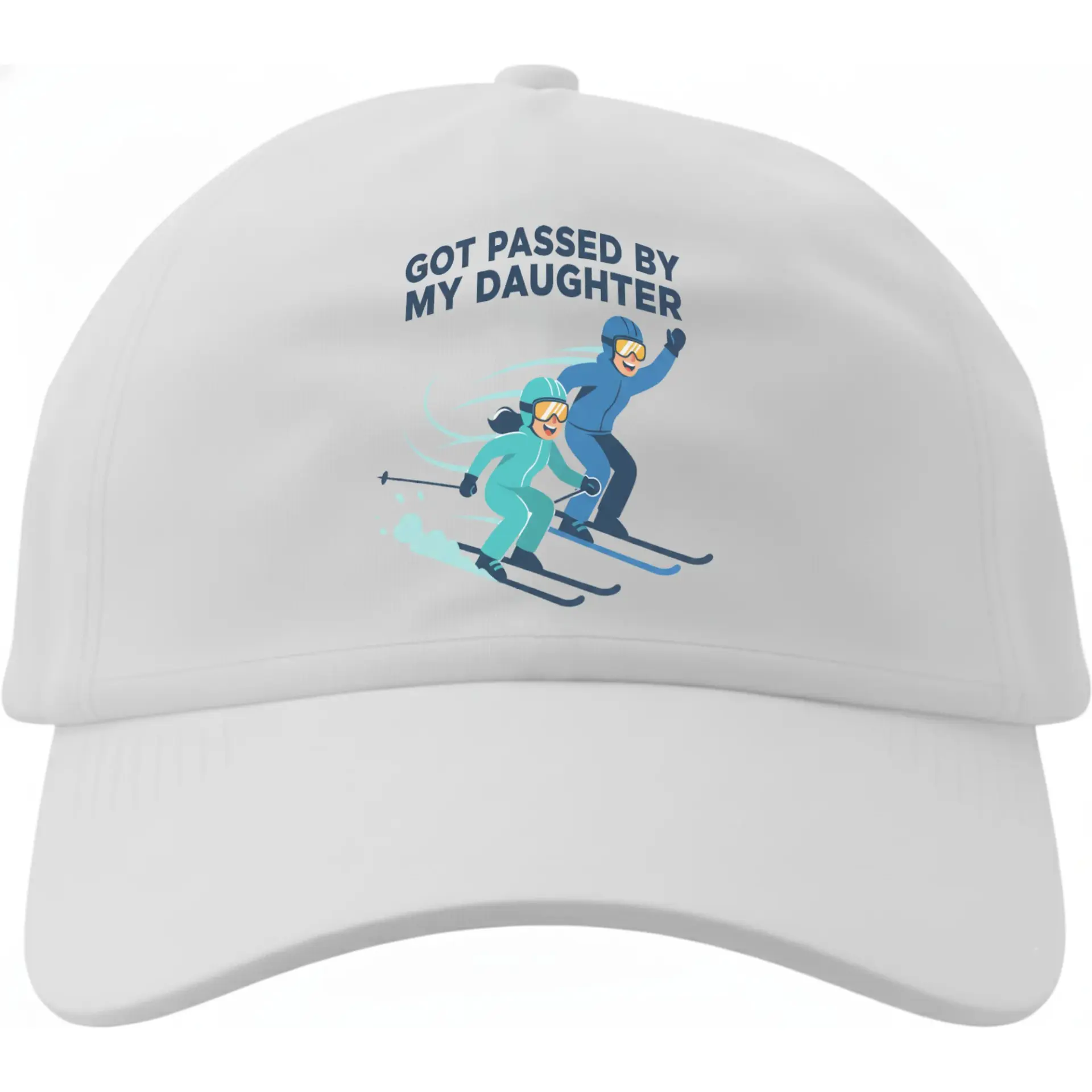 Dad Hat Baseball Cap Featuring Humorous Skiing Graphic Print for Winter Sports Enthusiasts and Proud Parents White