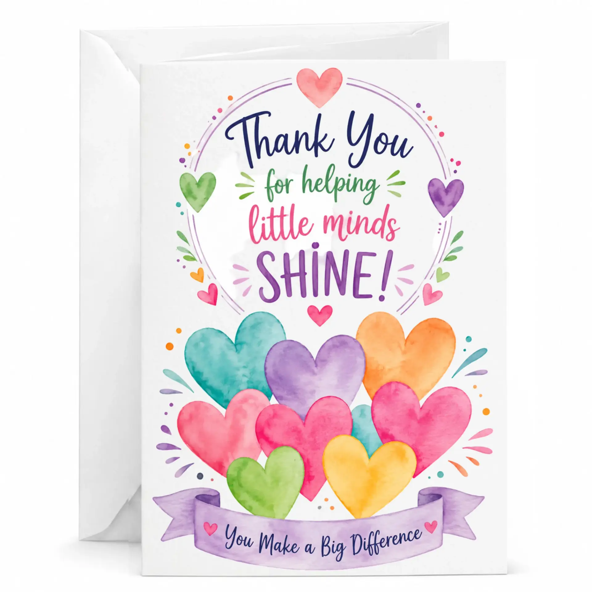Card for Educators Featuring Colorful Watercolor Hearts and Inspirational Text Appreciation Recognition