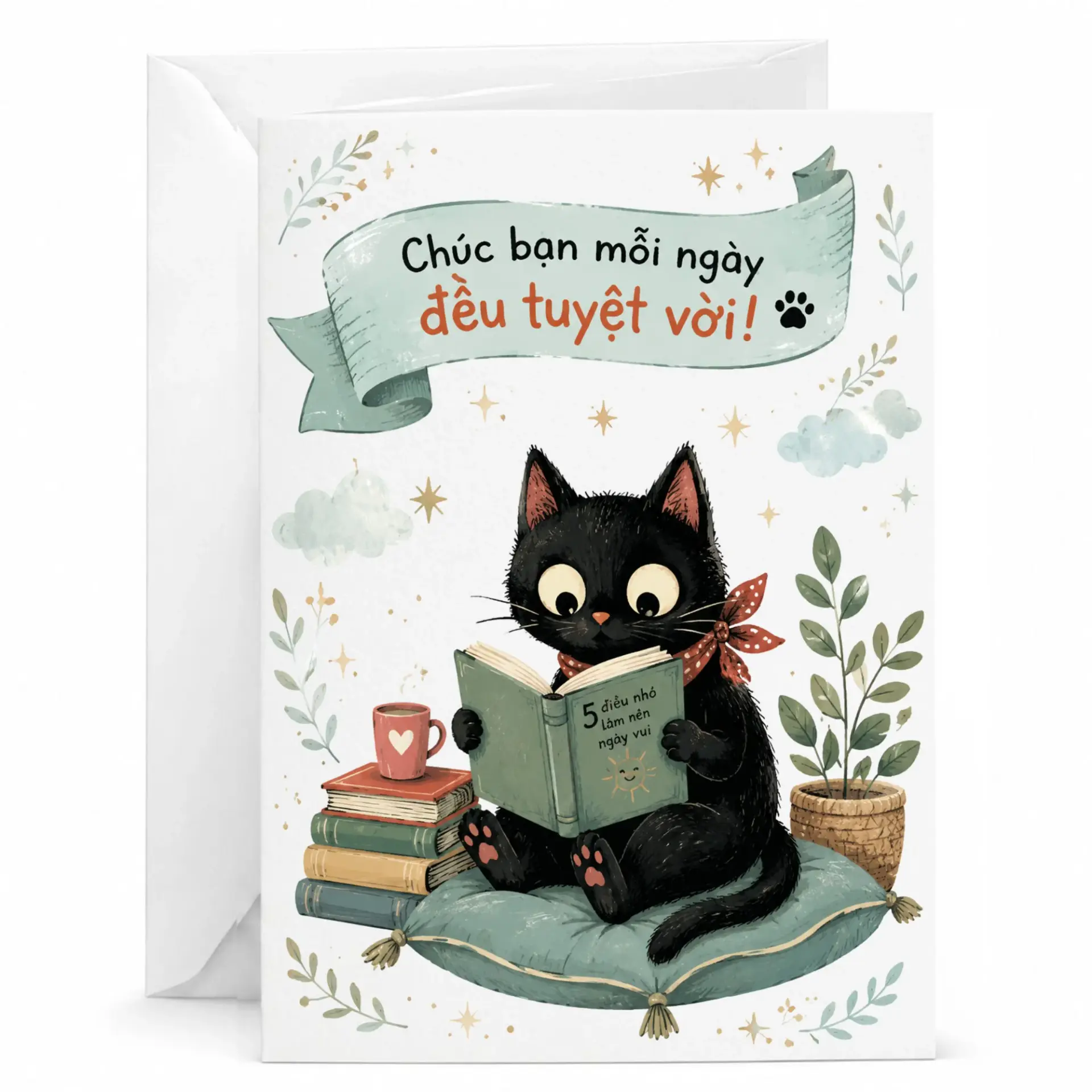 Greeting Card with Cute Reading Cat Illustration and Inspirational Text for Encouragement Special Occasions
