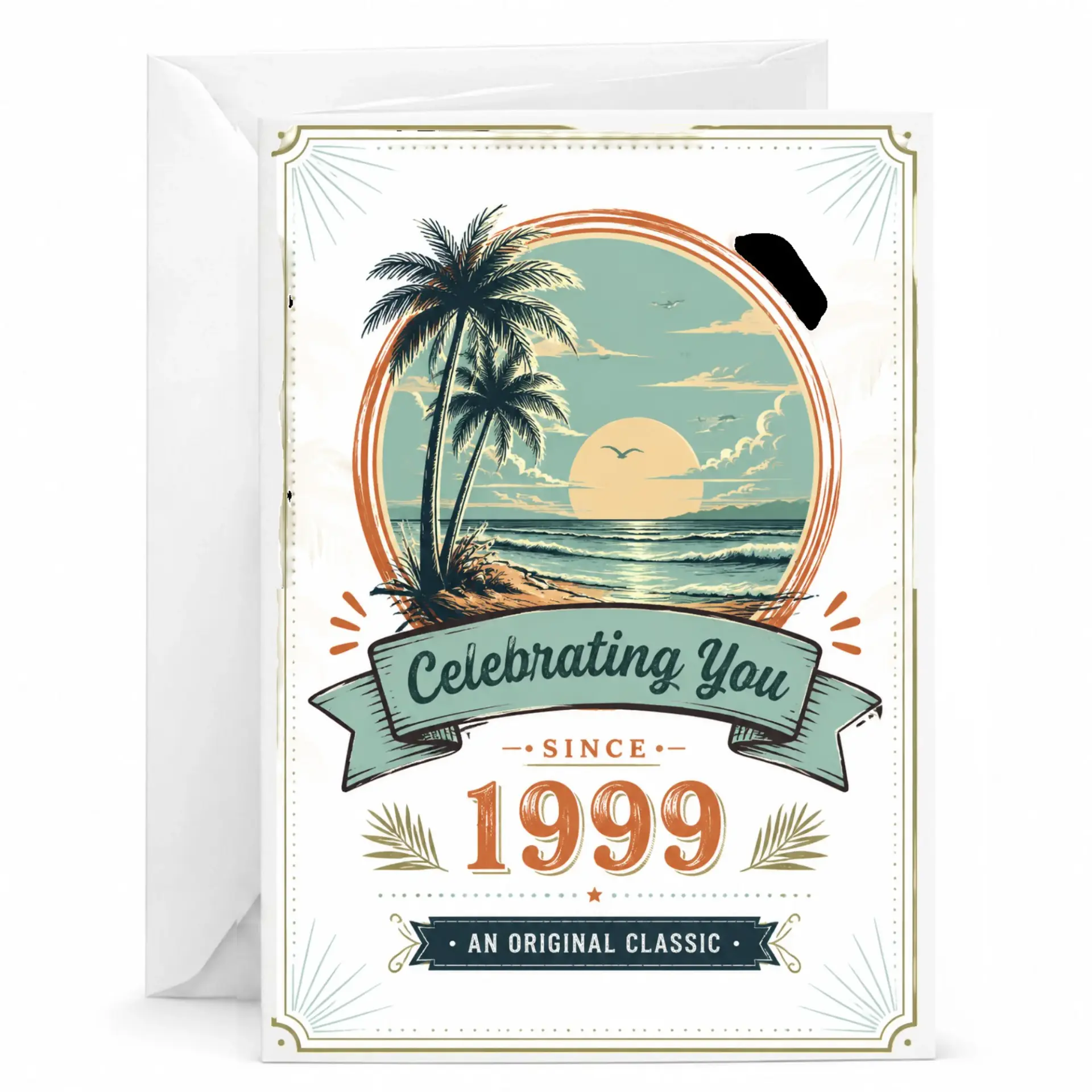 Birthday Greeting Card Celebrating You Since 1999 Vintage Beach Tropical Sunset Design Folded Note Card for Milestone