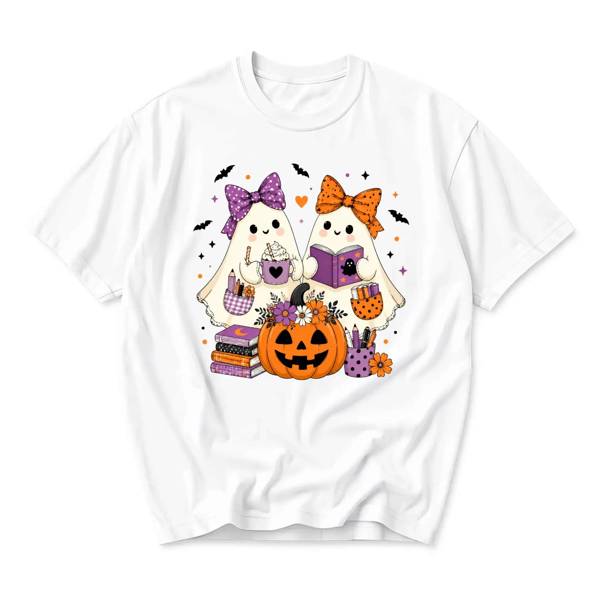 Graphic Tee Cute Halloween Ghost Friends with Pumpkin and Books Print Unisex Casual Crew Neck Short Sleeve Shirt