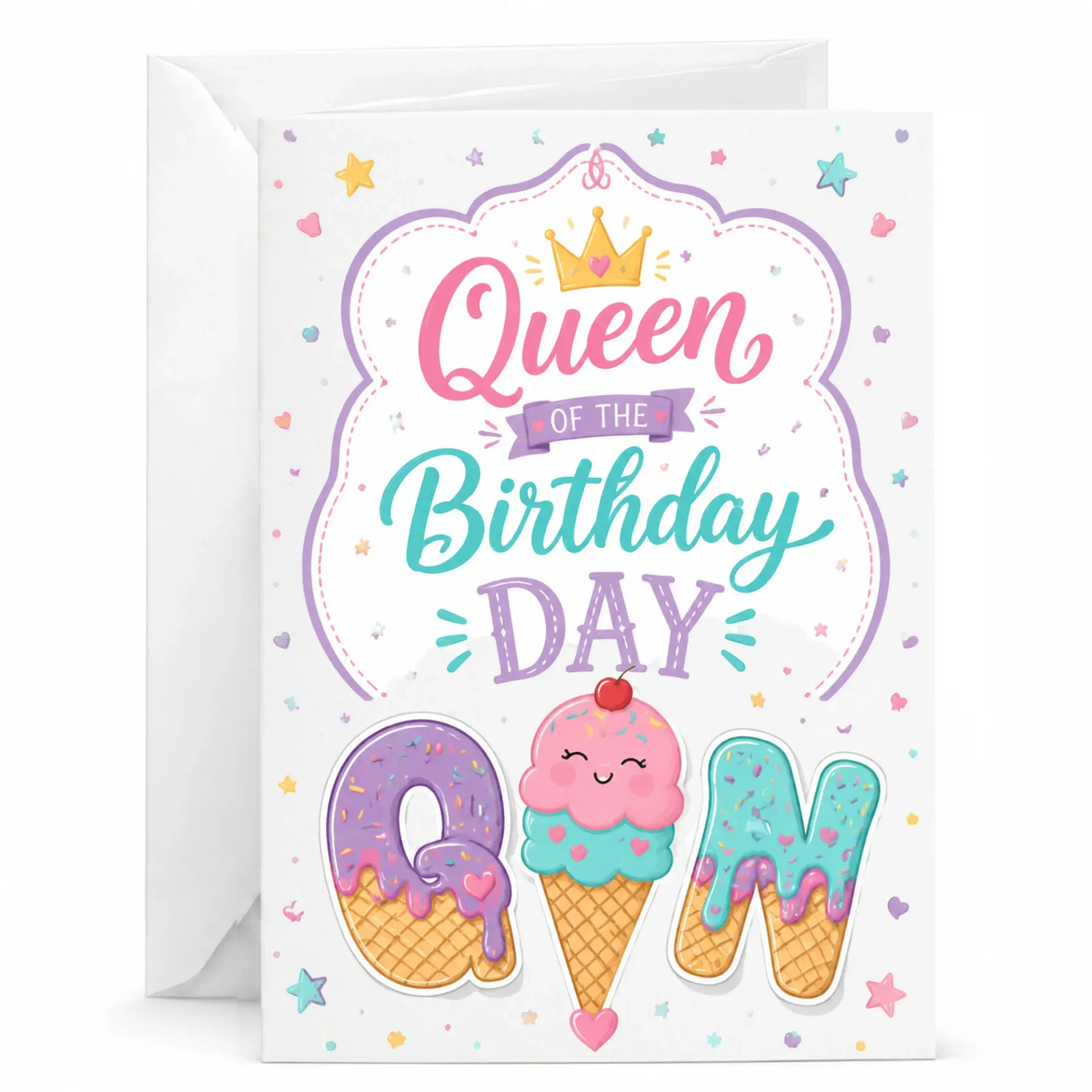 Birthday Card Queen of Featuring Cute Ice Cream Cones and Colors for Special Celebrations