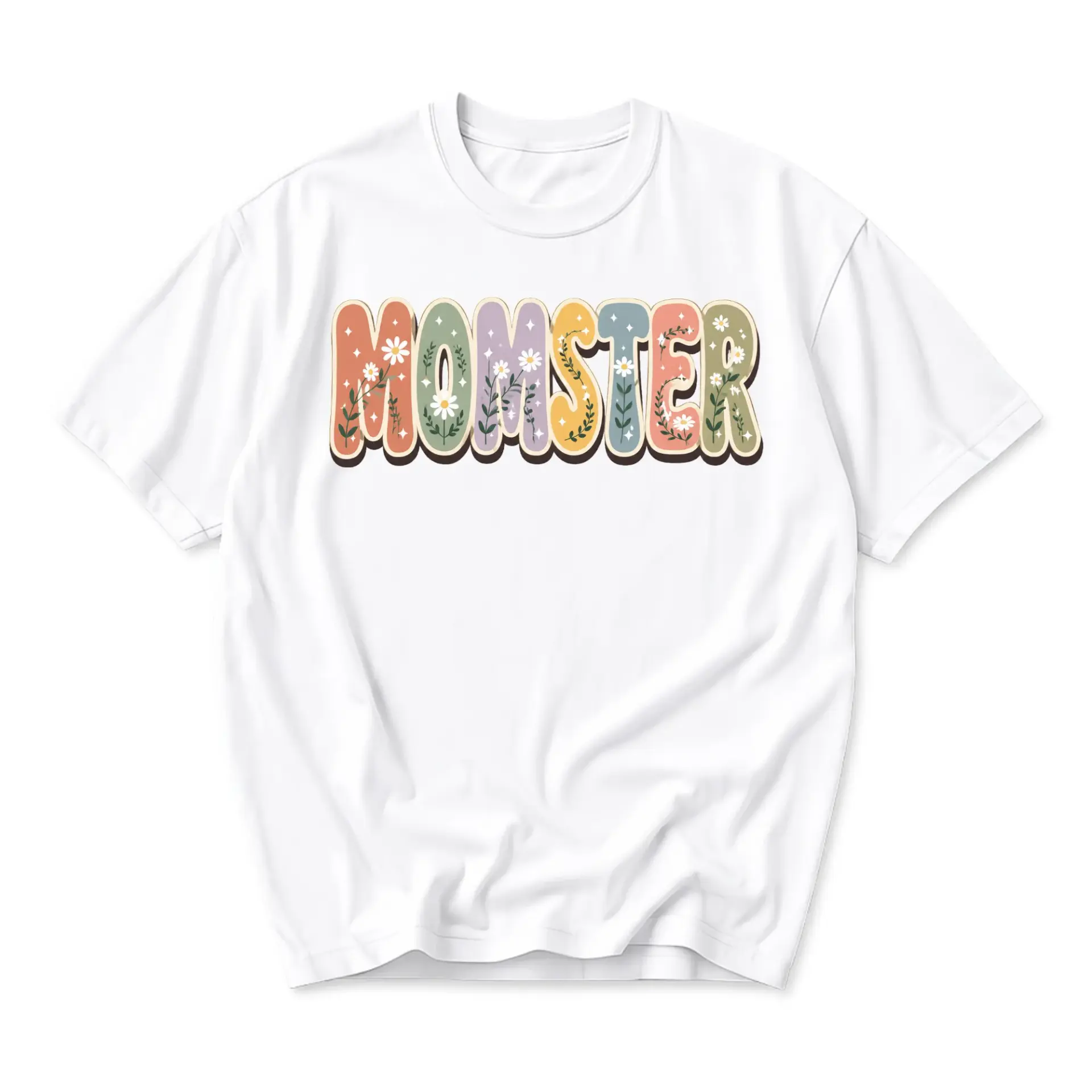 Funny Shirt Momster Floral Graphic Tee Retro Lettering Botanical Art Casual Unisex Crewneck Cotton Apparel