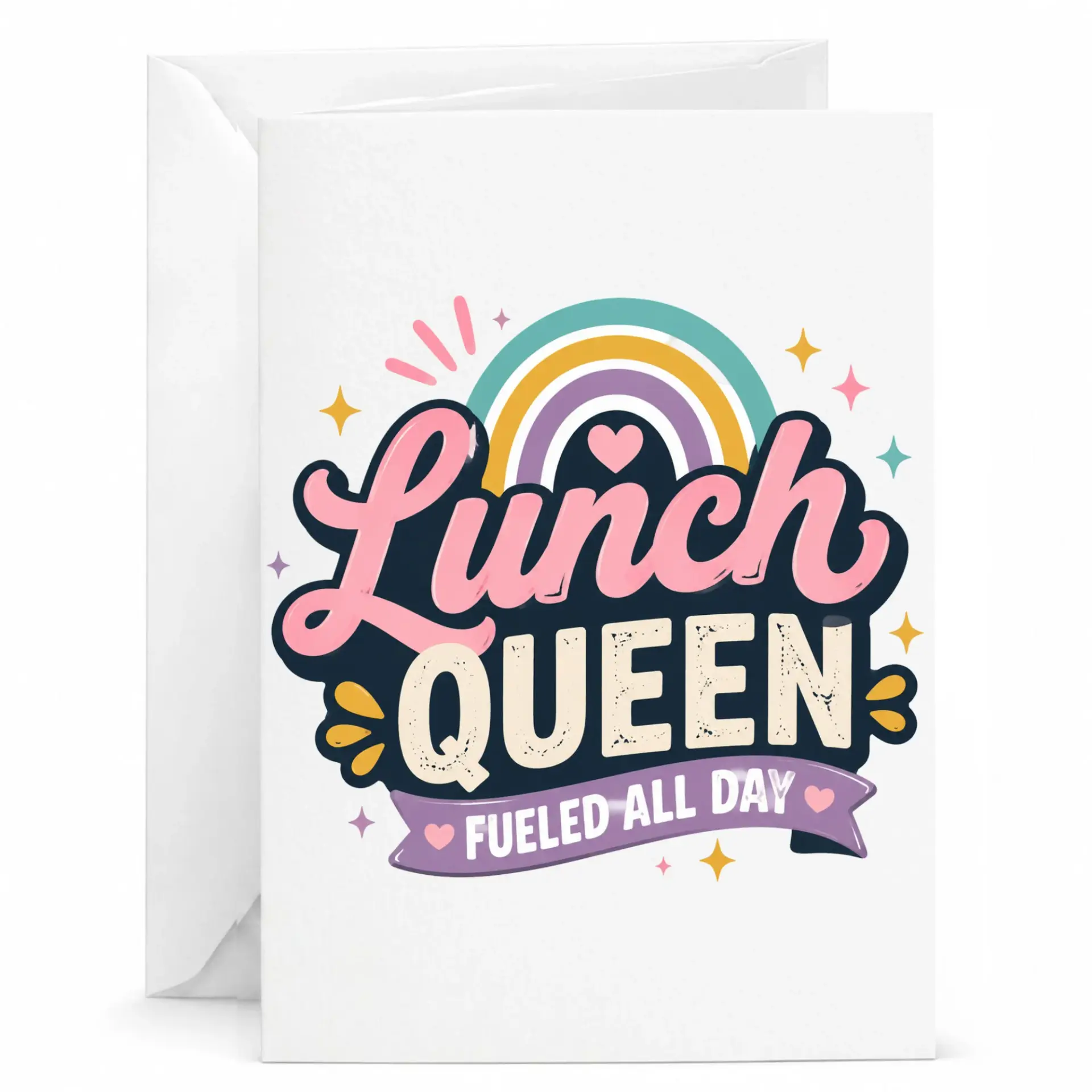 Funny Lunch Queen Greeting Card Cute Aesthetic Foodie Stationery Note Whimsical Rainbow Typography Birthday