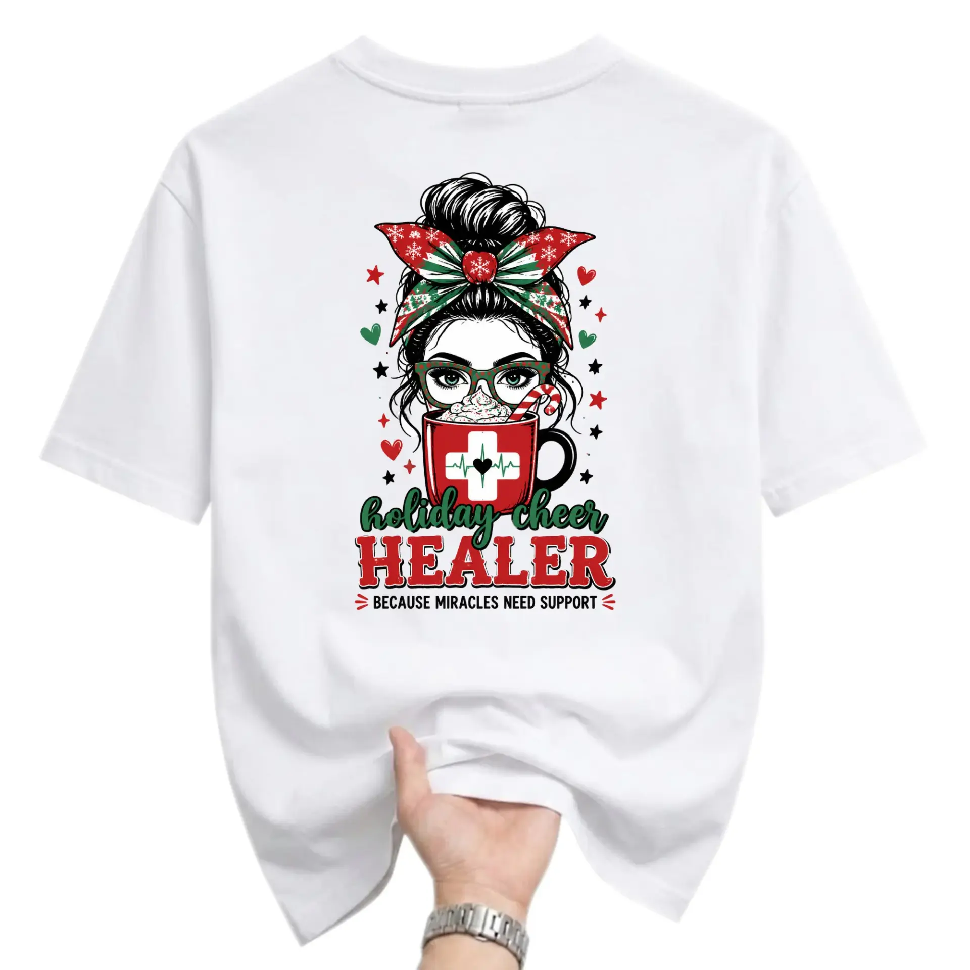 Graphic Tee Holiday Cheer Healer Shirt Unisex Casual Crew Neck Apparel for Medical Professionals and Nursing Staff
