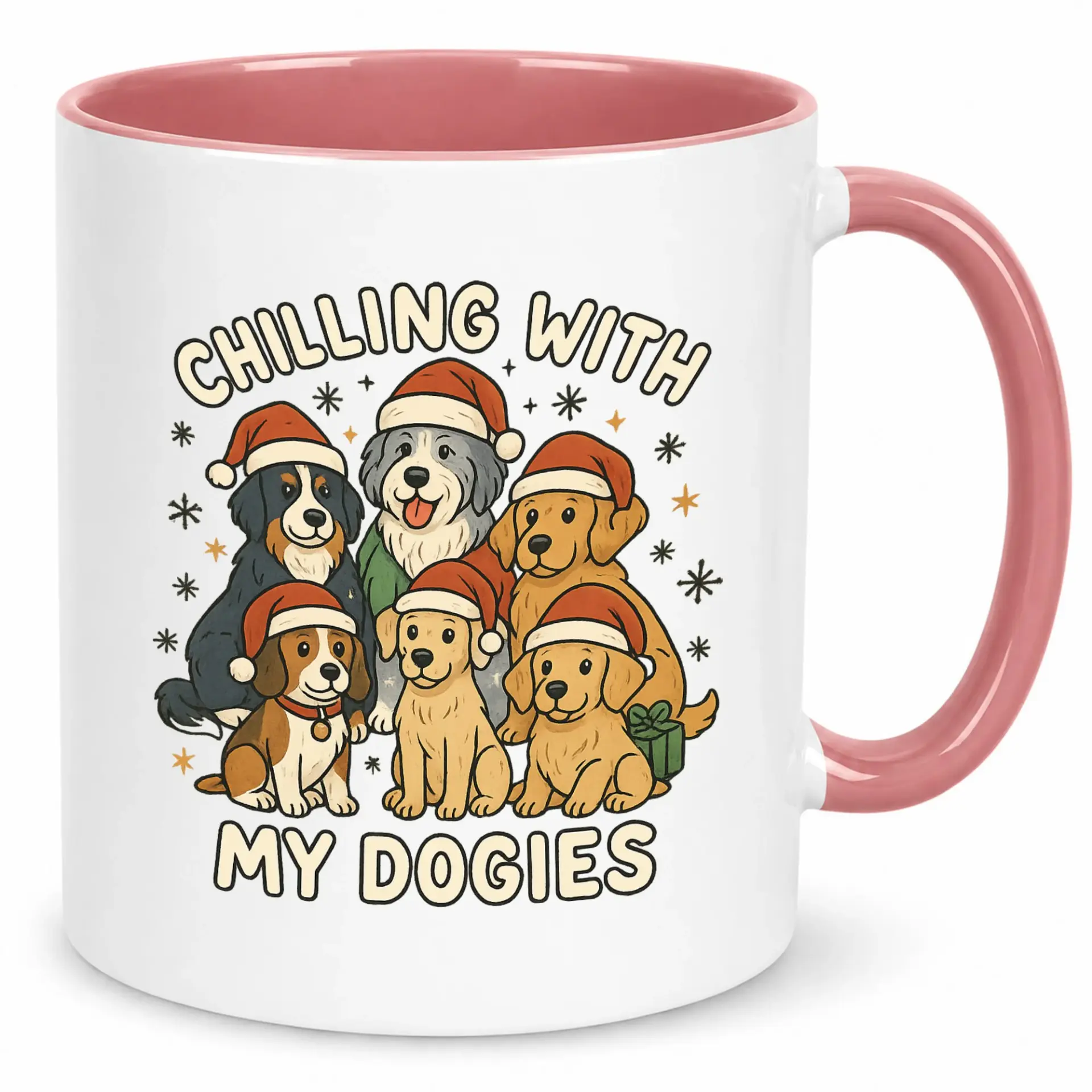 Funny Christmas Dog Ceramic Coffee Mug, Festive Holiday Puppy Themed Hot Beverage Cup, White and Pink Accent Gift for Dog Lovers