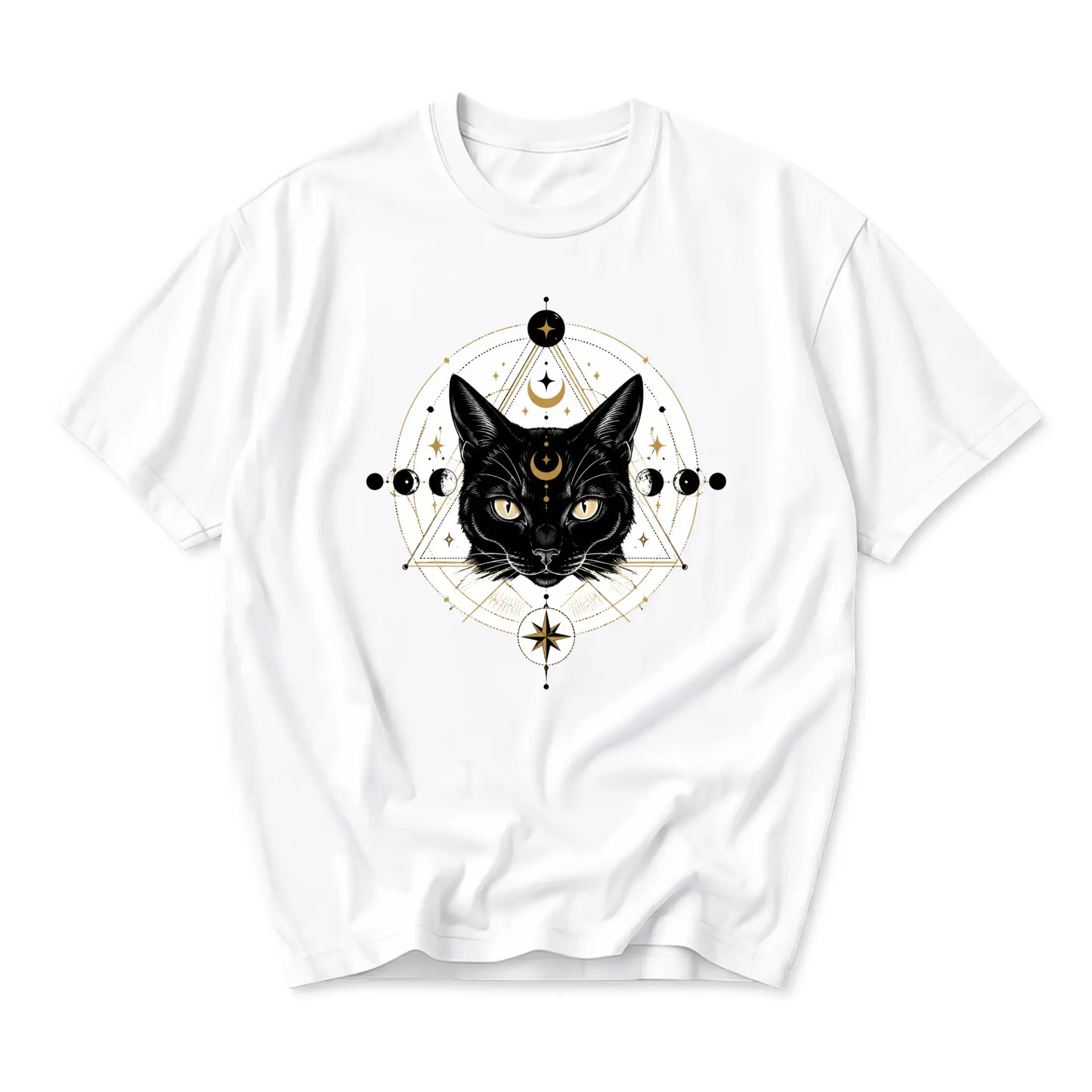 Graphic Tee Celestial Black Cat Unisex T-Shirt Mystical Geometric Astrology Print Soft Cotton Casual Everyday Top