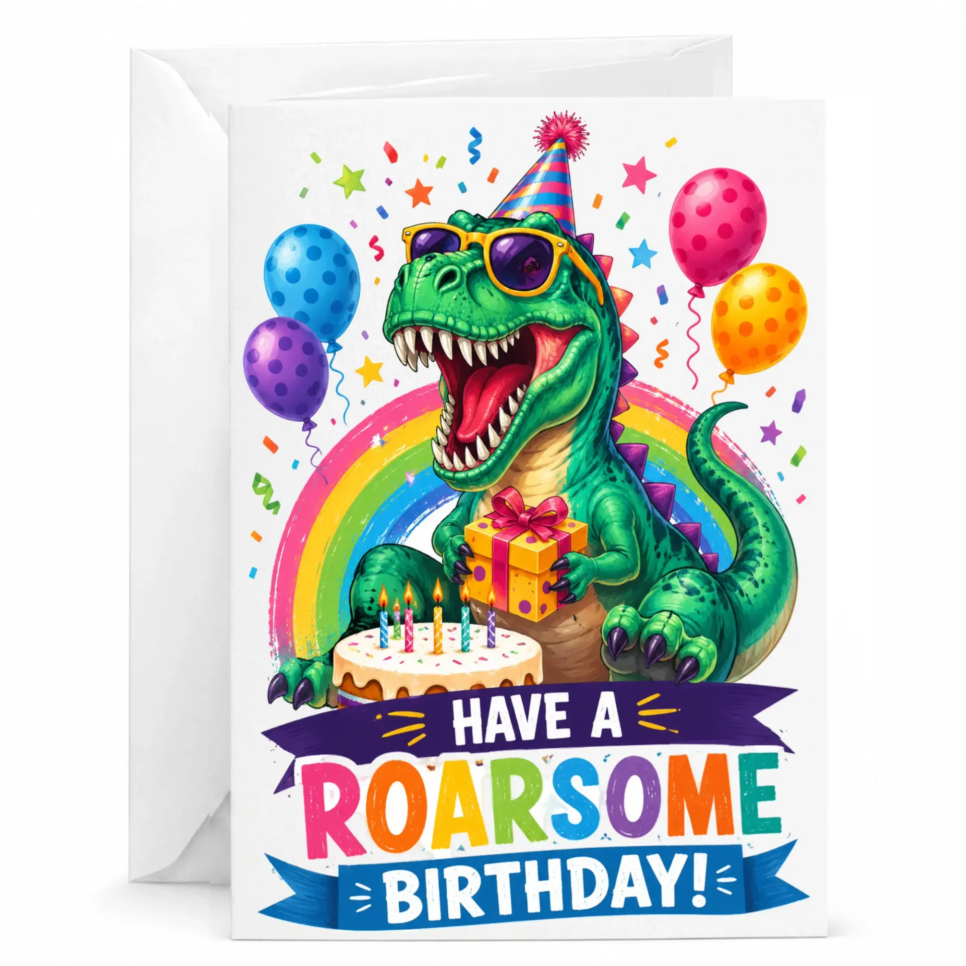 Birthday Card Funny Dinosaur Design Featuring with Party Hat and Gift for Joyful