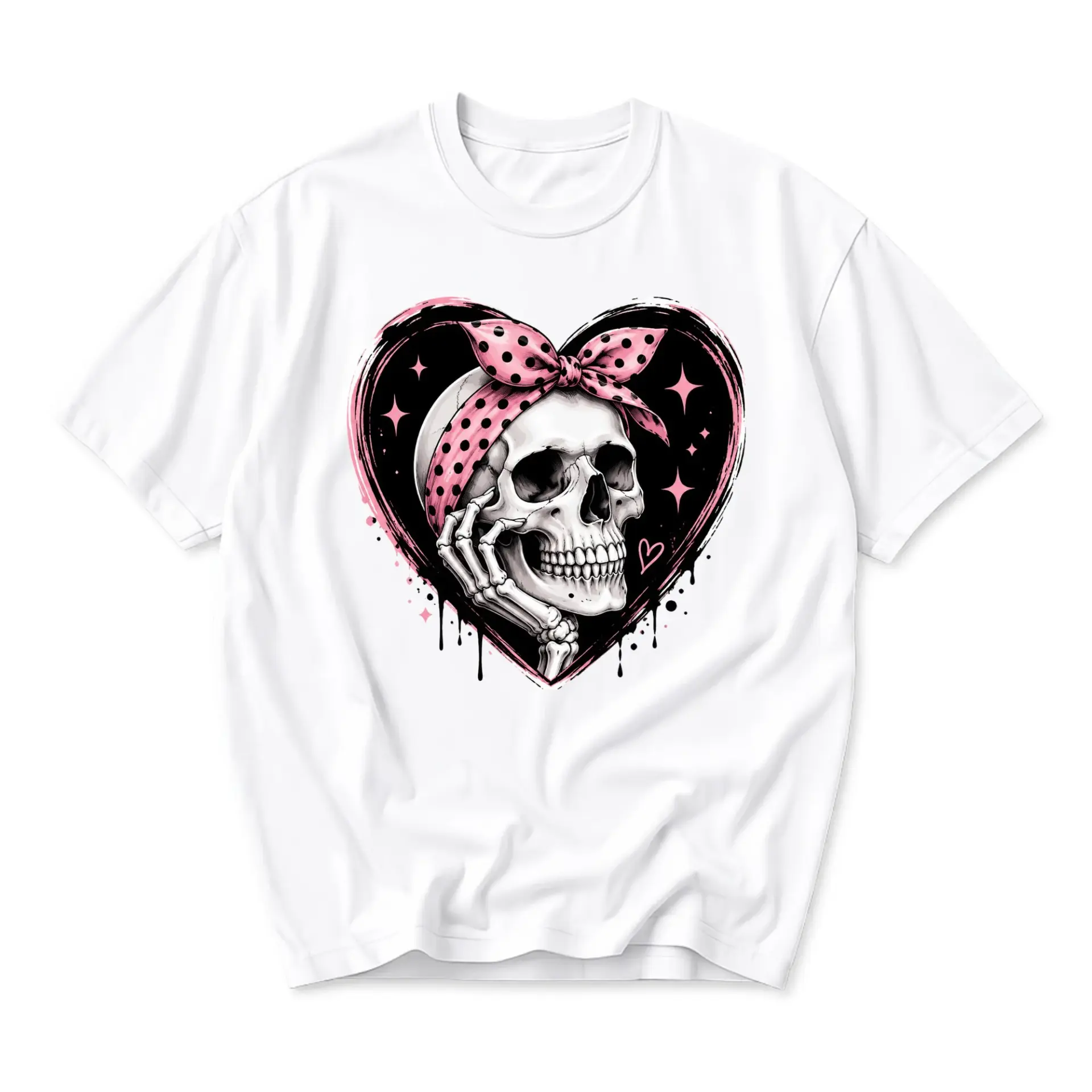 Graphic Tee Skull with Pink Polka Dot Bow in Heart Print Unisex Crew Neck Casual Everyday Wear Soft Cotton Shirt