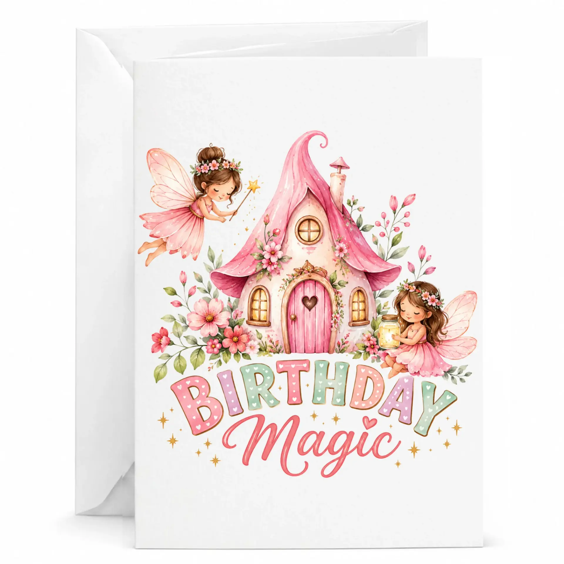 Birthday Card Fairy Illustration Whimsical Watercolor Style Greeting with White Envelope for Special Occasions