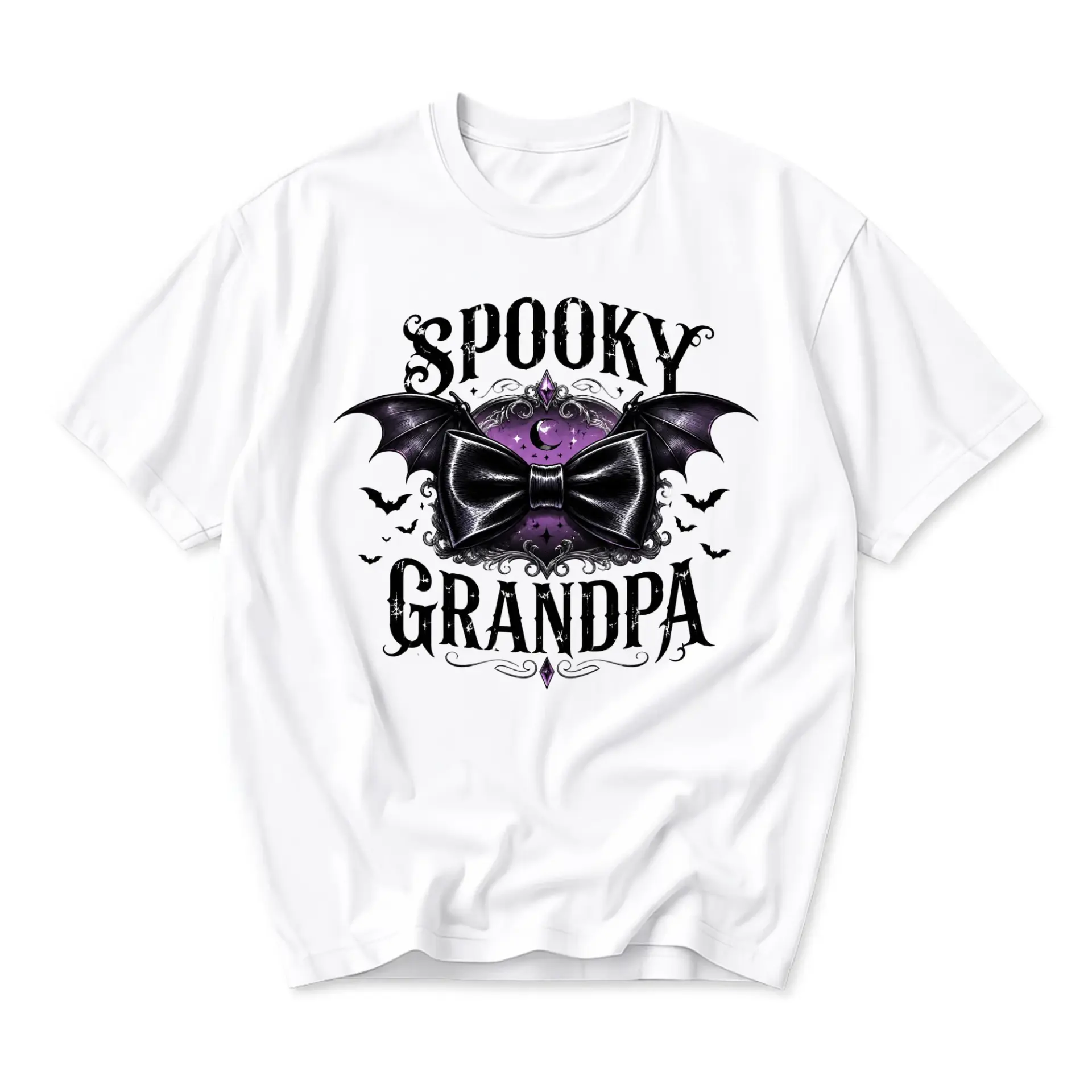 Graphic Tee Spooky Grandpa Halloween Shirt Gothic Bat Bowtie Print Unisex Casual Short Sleeve Crew Neck Top