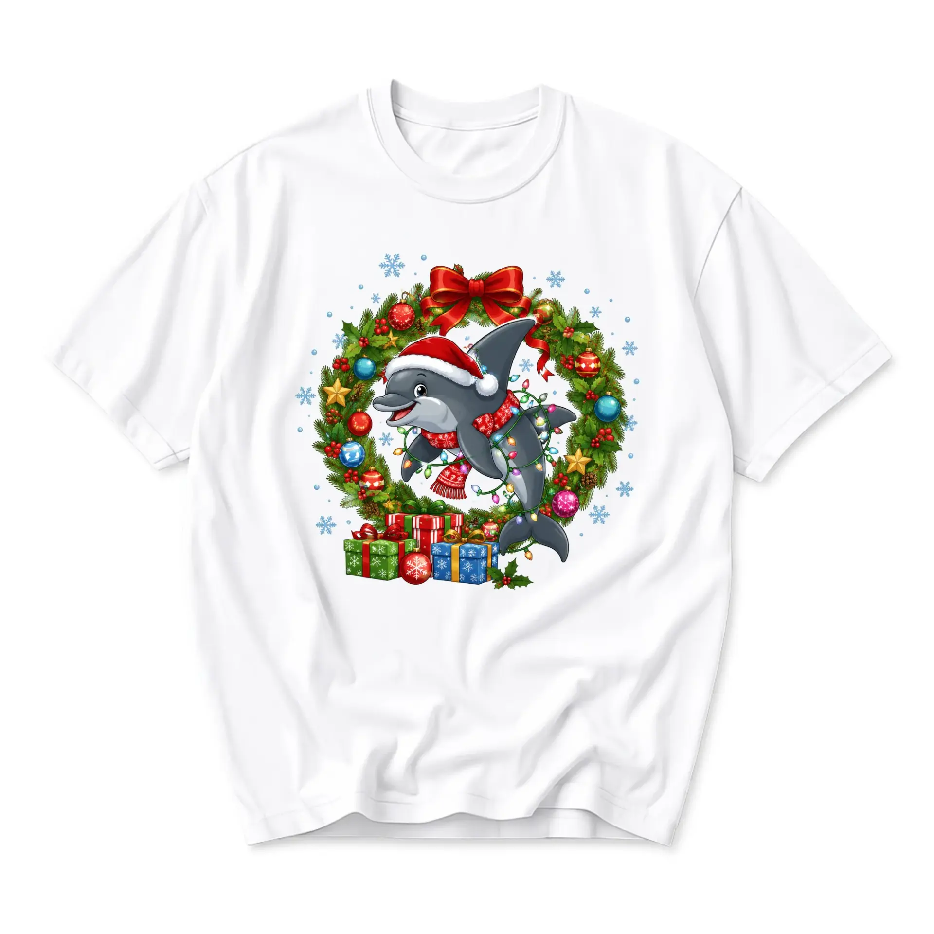 T-shirt Graphic Tee Featuring Festive Holiday Dolphin Surrounded by