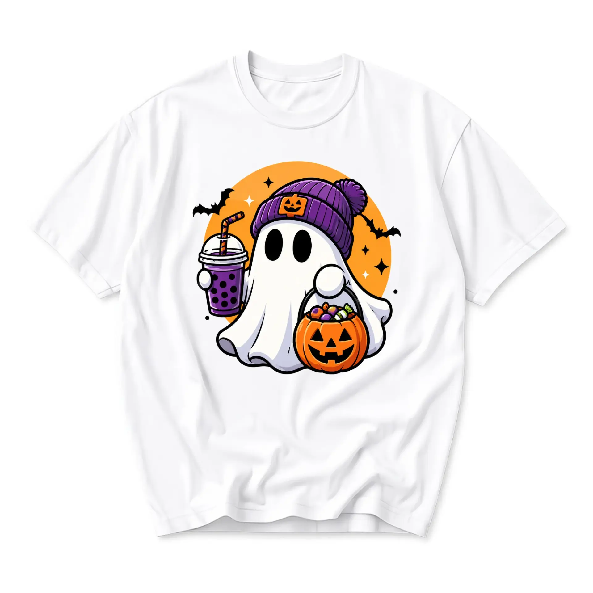 Funny Shirt Cute Ghost Holding Boba and Jack O Lantern Pumpkin Bucket Graphic Printed Casual Unisex Crew Neck Tee