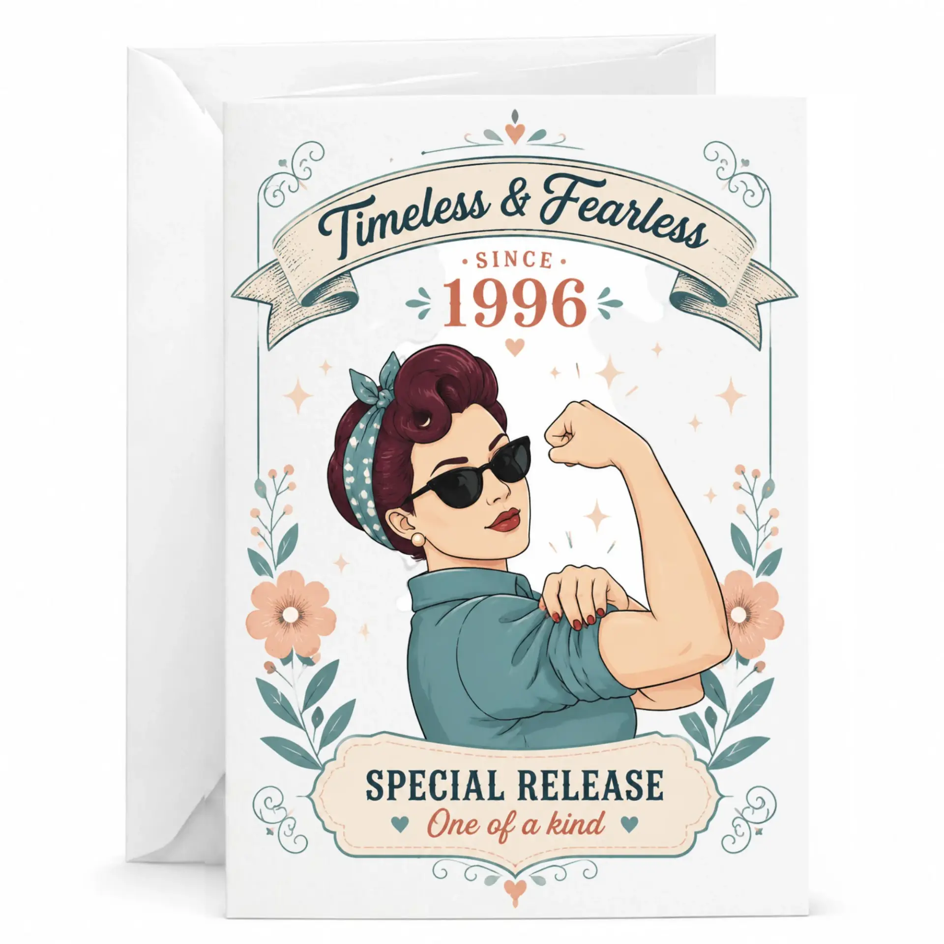 Birthday Card Timeless and Fearless Since 1996 Retro Style Woman Illustration Greeting Card for Milestone Celebration