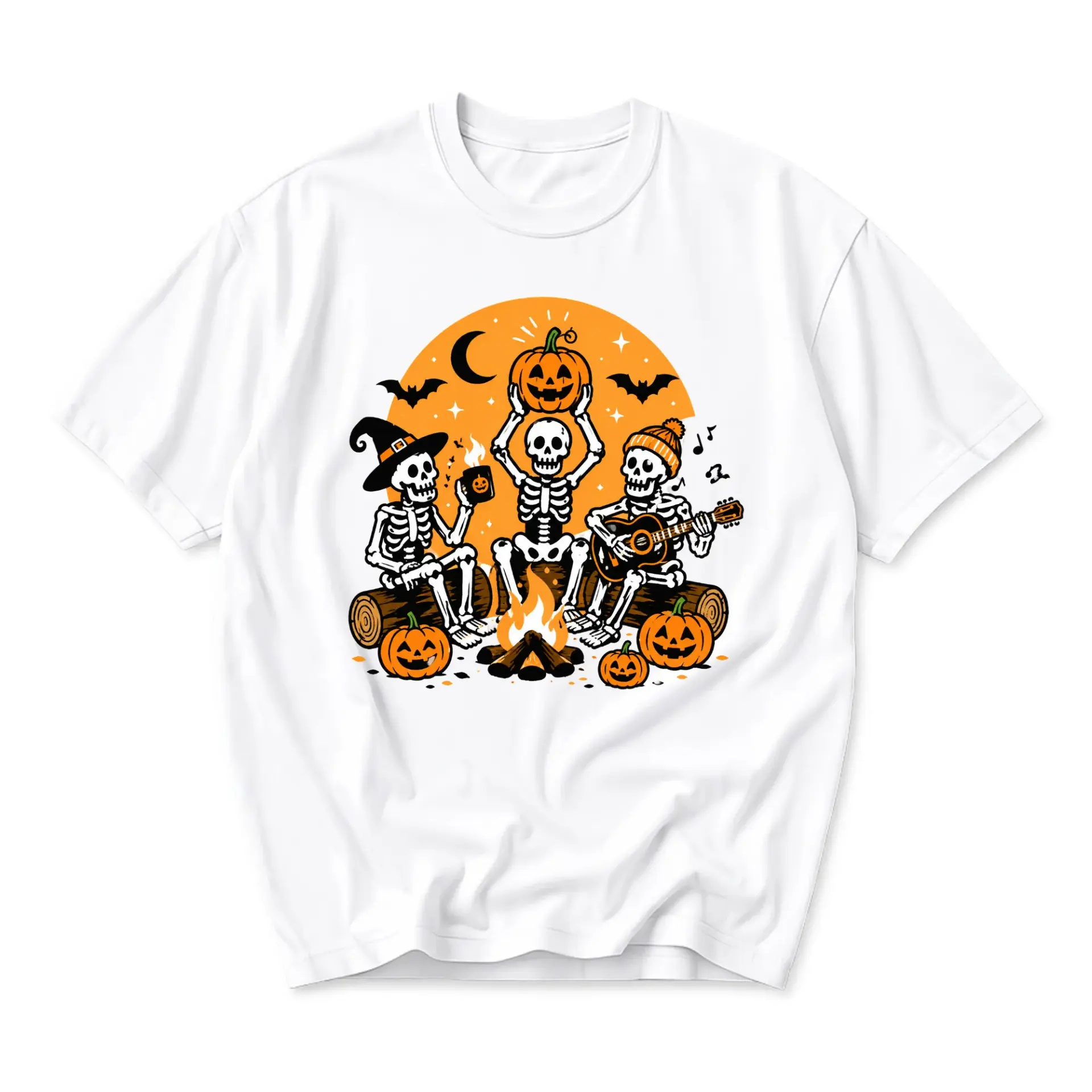 Graphic Tee Unisex Skeleton Campfire Halloween T-Shirt Short Sleeve Crew Neck Cotton Blend Casual Fall Apparel White