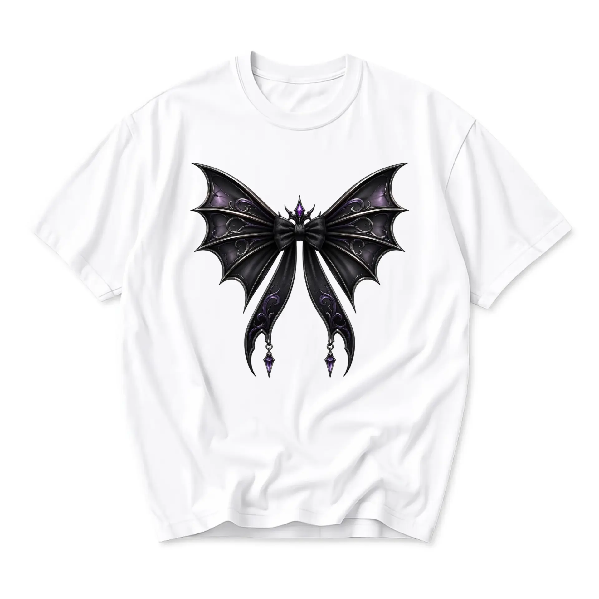 Graphic Tee Unisex Black Bat Wing Bowknot Print Shirt Gothic Style Aesthetic Crew Neck Casual Everyday Top White