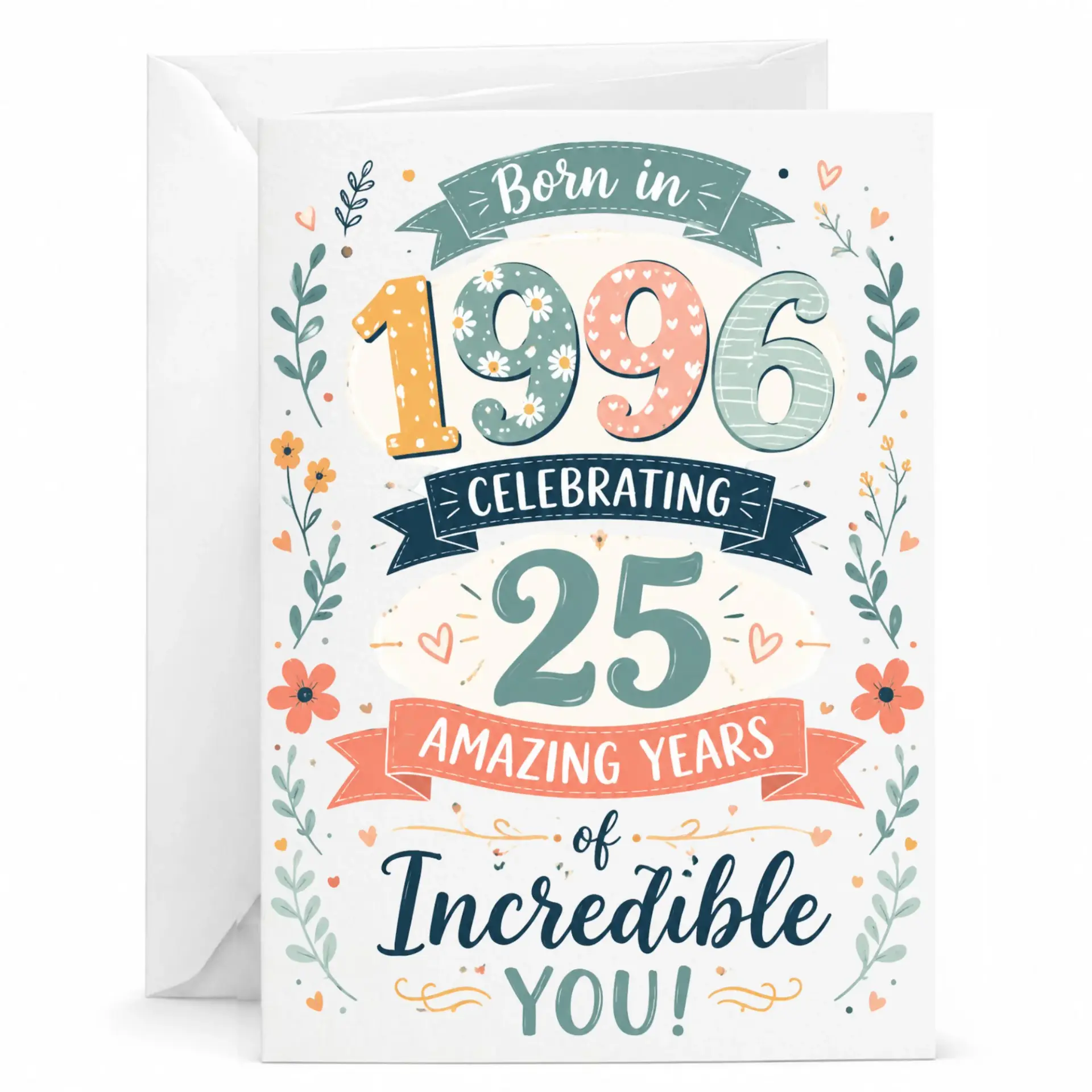 Birthday Card Born in 1996 Celebrating 25 Amazing Years Featuring Floral Illustrations and Decorative Lettering