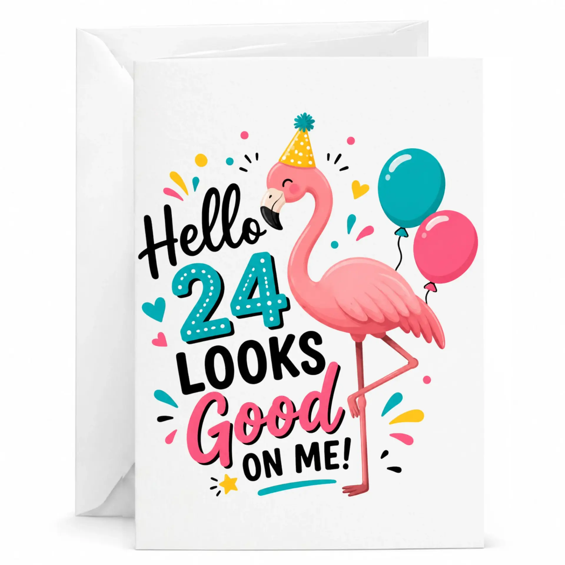 Birthday Card Hello 24 Looks Good on Me Featuring Festive Pink Flamingo Illustration with Balloons and Party Hat