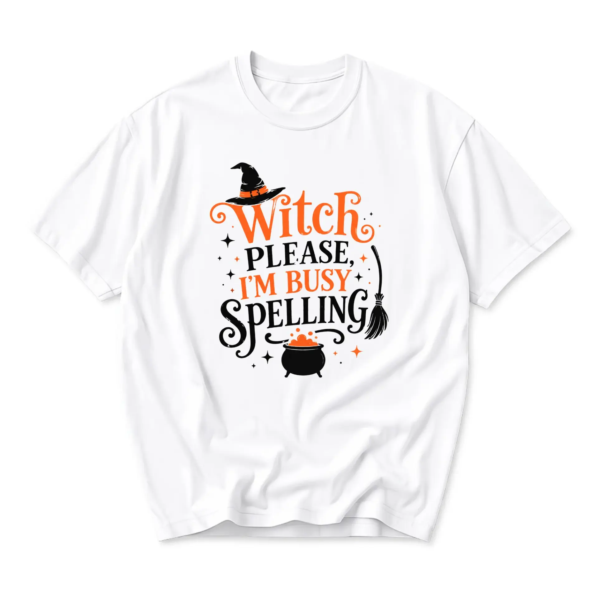 Funny Shirt Witch Please I Am Busy Spelling Halloween Graphic Tee Unisex Casual Crew Neck Comfortable Cotton Blend Top