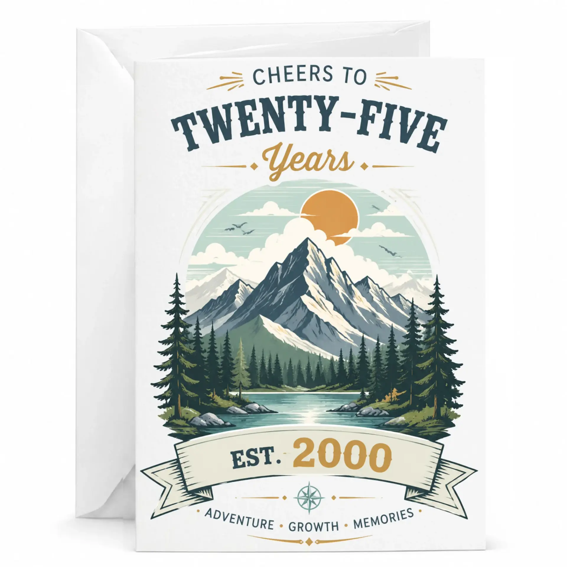 Greeting Card for Twenty-Fifth Anniversary or Birthday Featuring Mountain Landscape and Adventure Theme Design