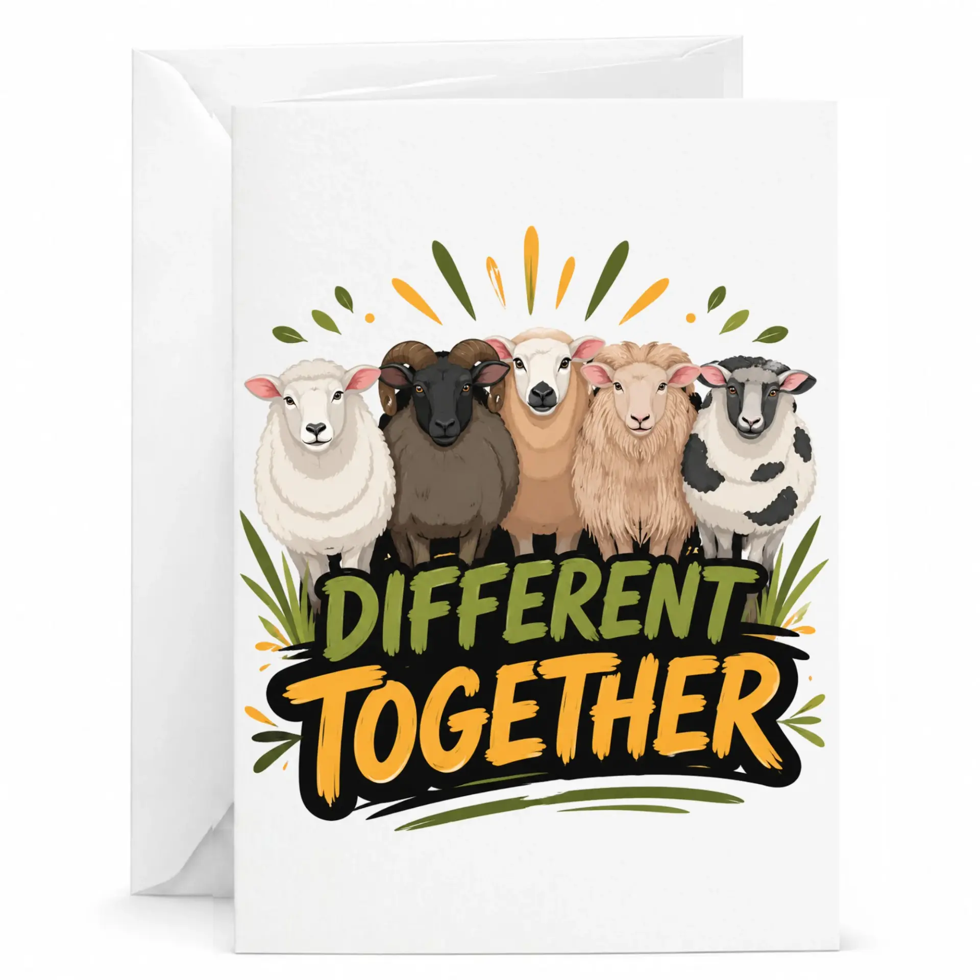Greeting Card Different Together Sheep Illustration Funny Farm Animal Design Note Card for Friends and Family