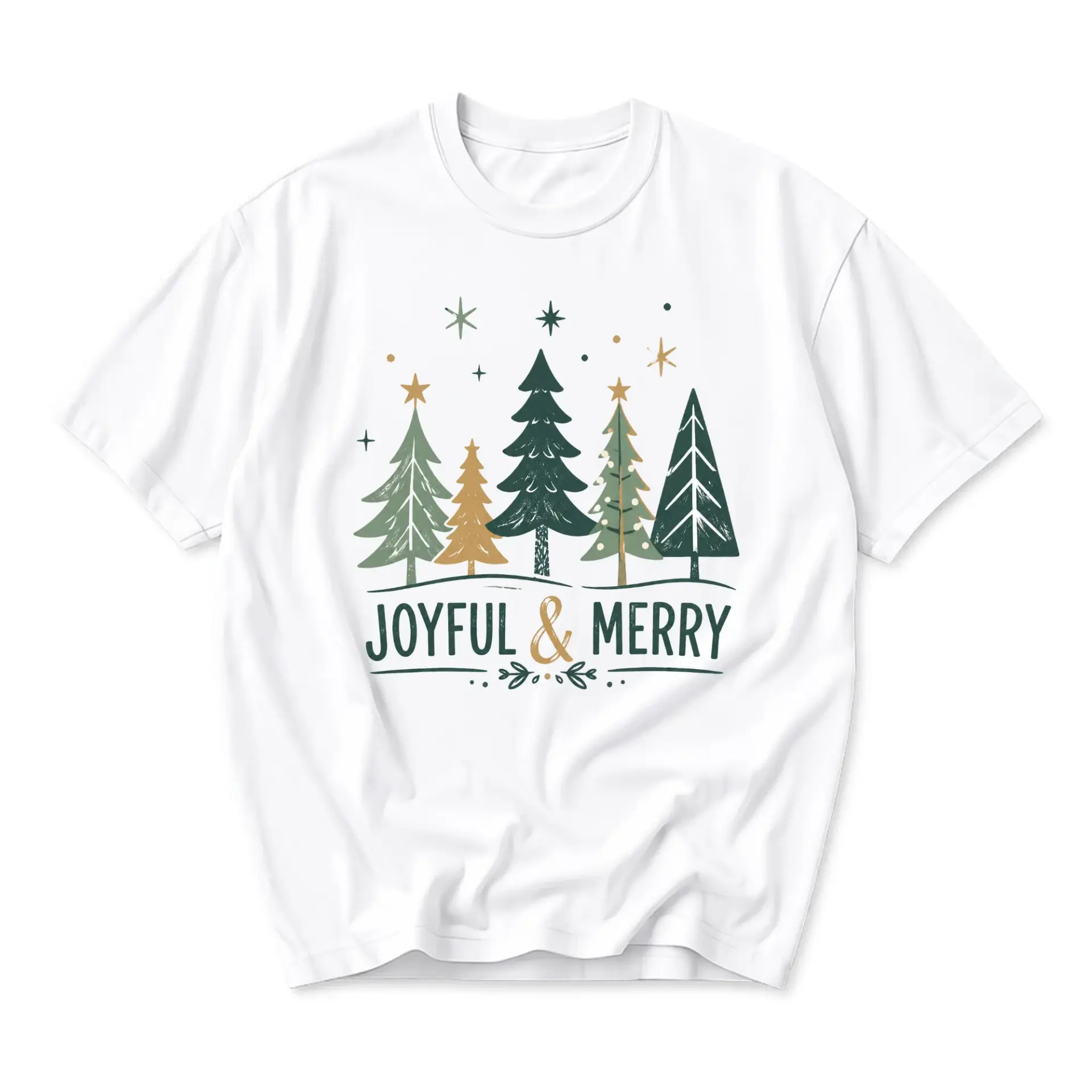 Graphic Tee Joyful and Merry Christmas Trees Print Unisex Crew Neck Shirt