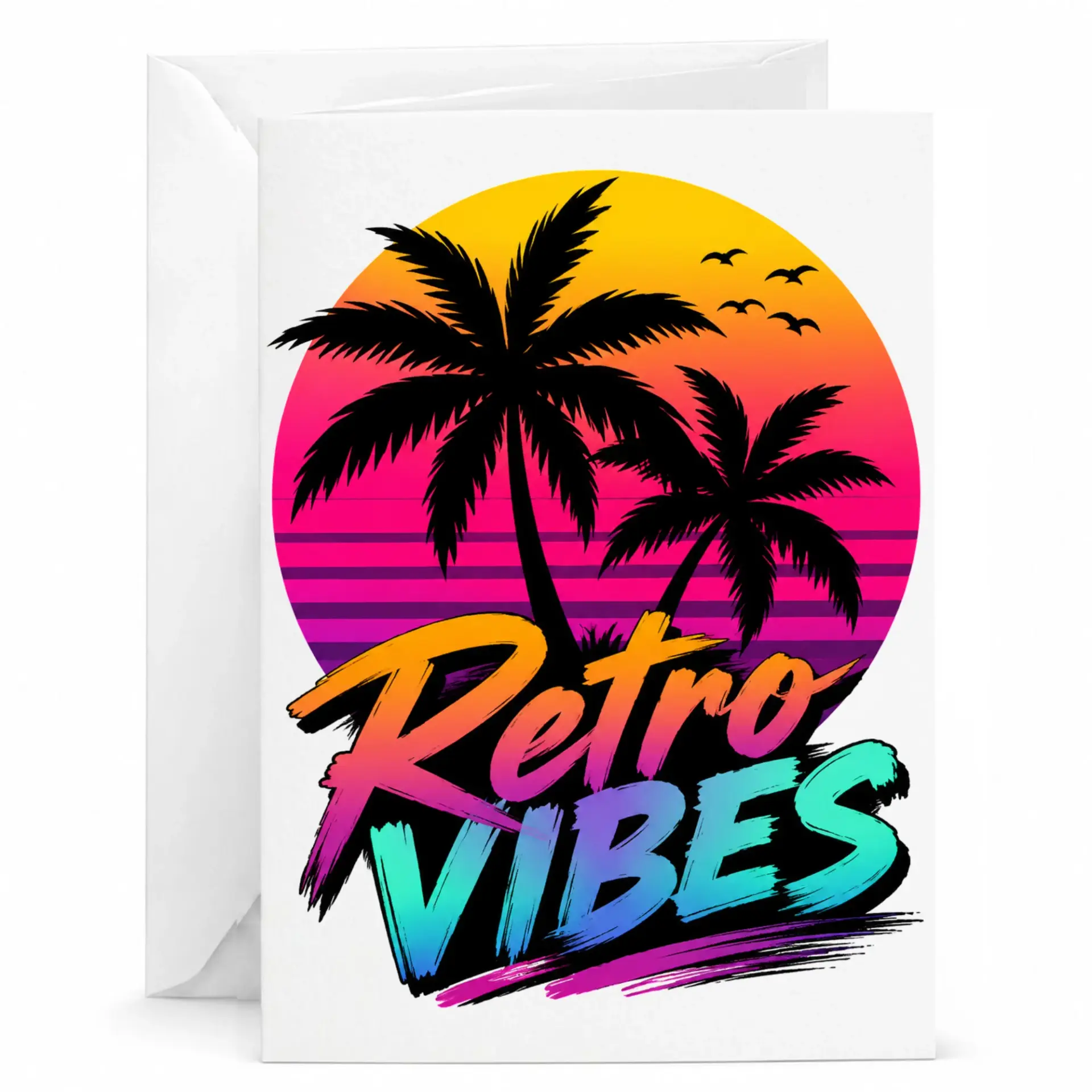 Retro Vibes Greeting Card with Sunset Palm Tree Aesthetic Design 5x7 Inch Note Card for Multiple Occasions