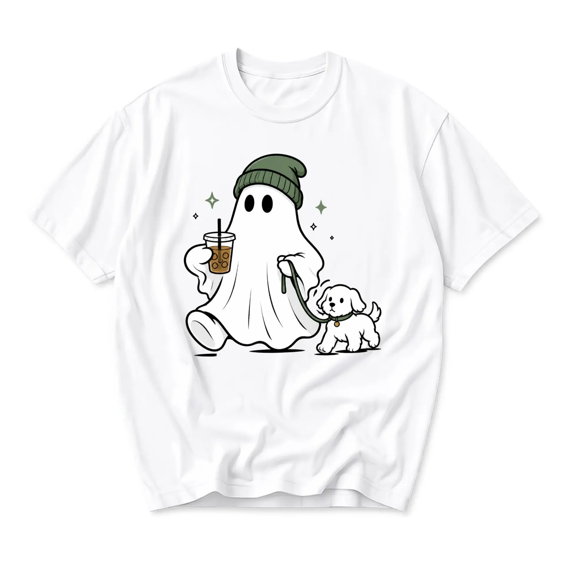 Graphic Tee Unisex Ghost Walking Dog with Boba Tea Design Casual Crew Neck Short Sleeve Cotton Blend Shirt