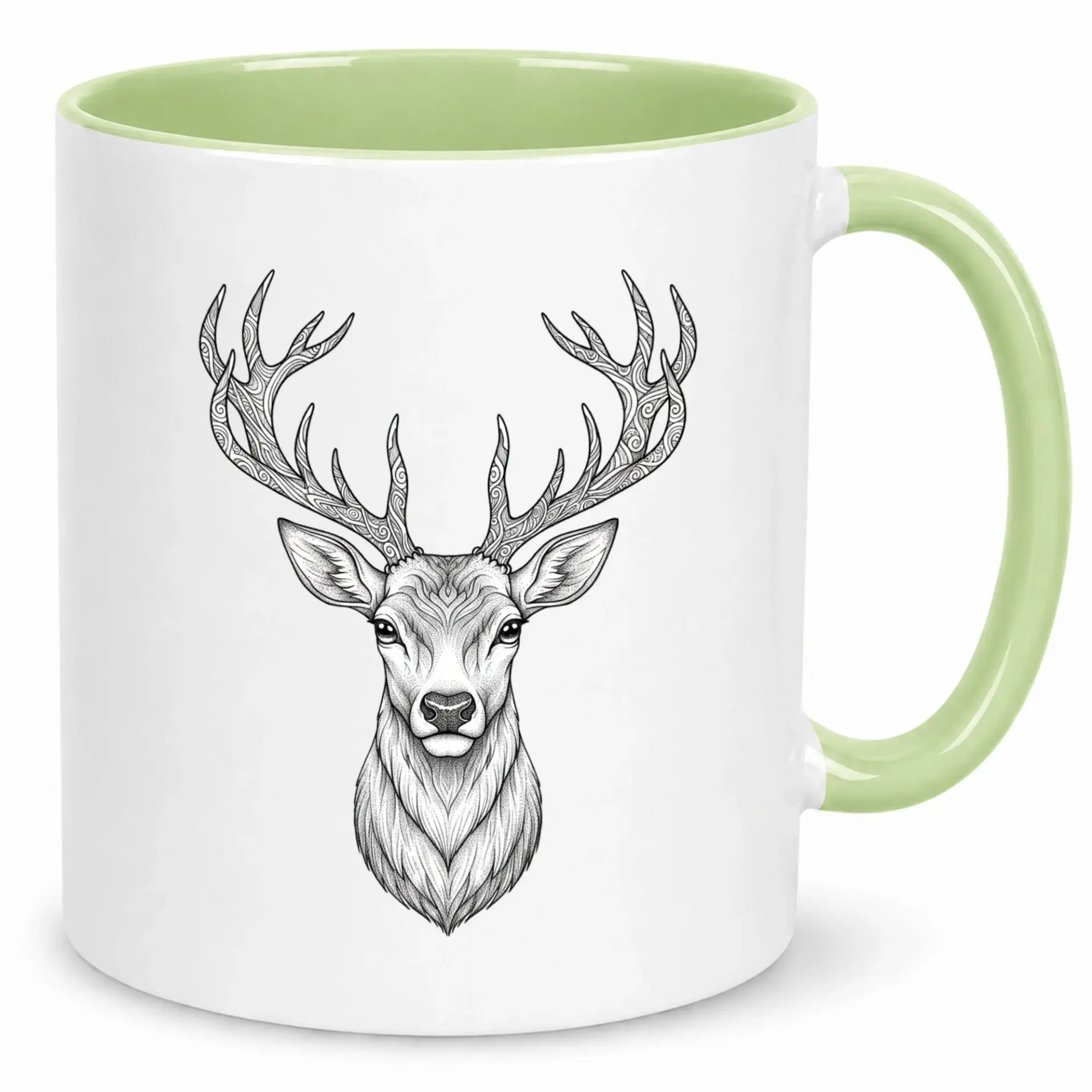 Ceramic Coffee Mug with Artistic Deer Head Design, Nature Inspired Wildlife Art, White Mug with Green Handle, 11oz or 15oz Beverage Cup for Home or Office Decor