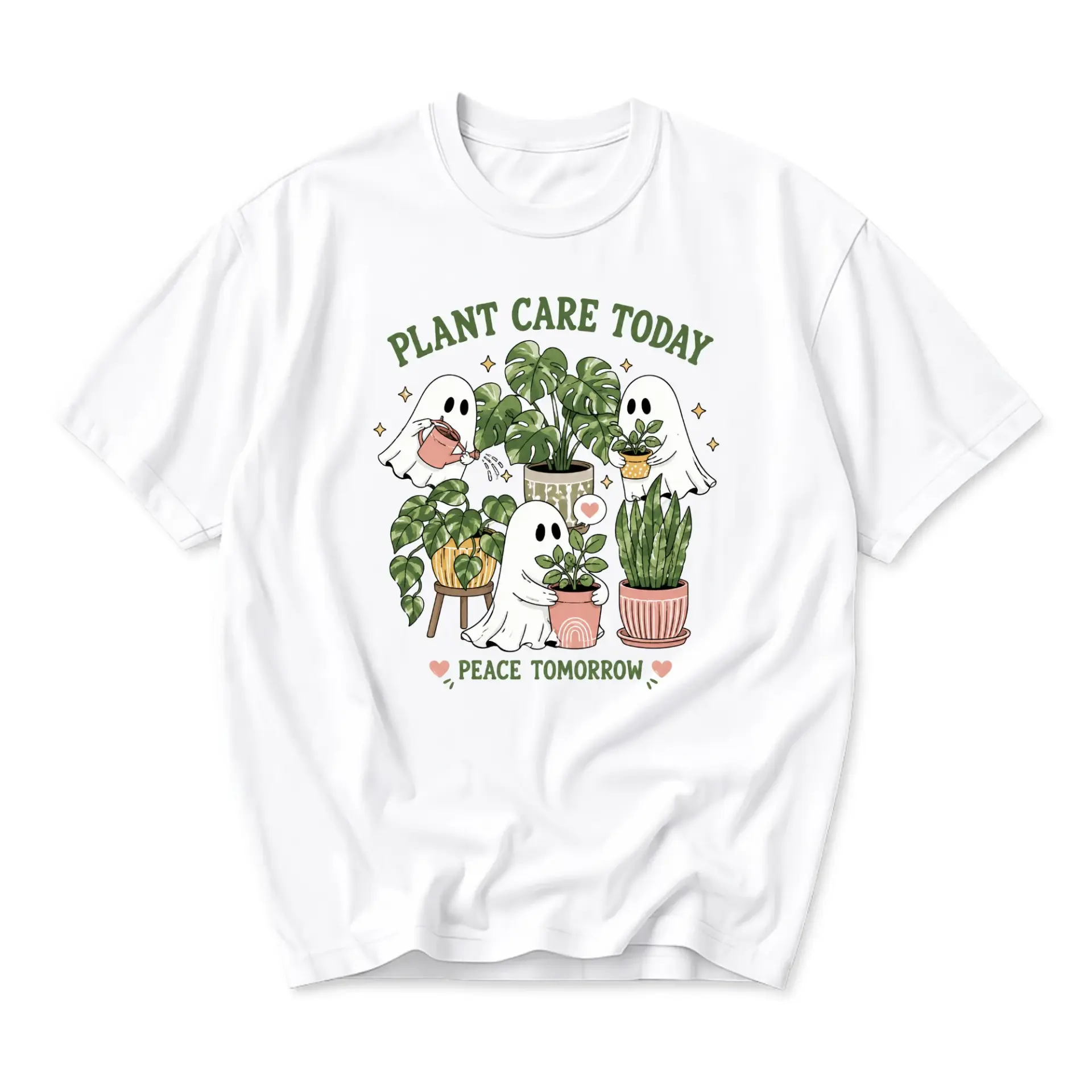 Graphic Tee Plant Care Today Peace Tomorrow Shirt Cute Ghost Gardening Illustration Casual Unisex Crew Neck T-Shirt