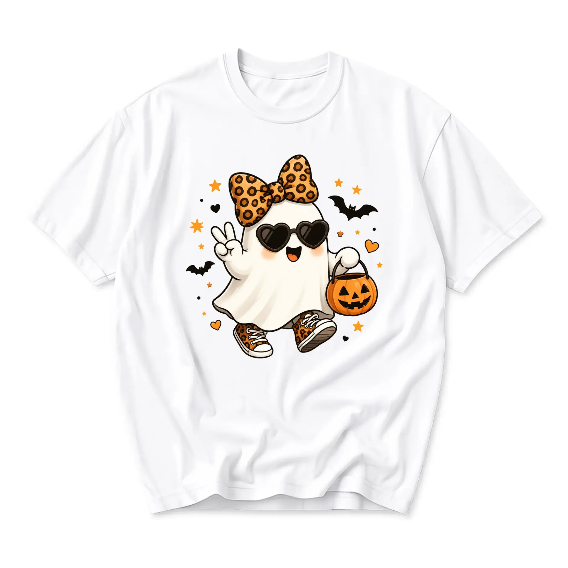 Graphic Tee Cute Halloween Ghost Shirt Leopard Print Bow Sunglasses Trick or Treat Unisex Casual Fall Crew Neck Top