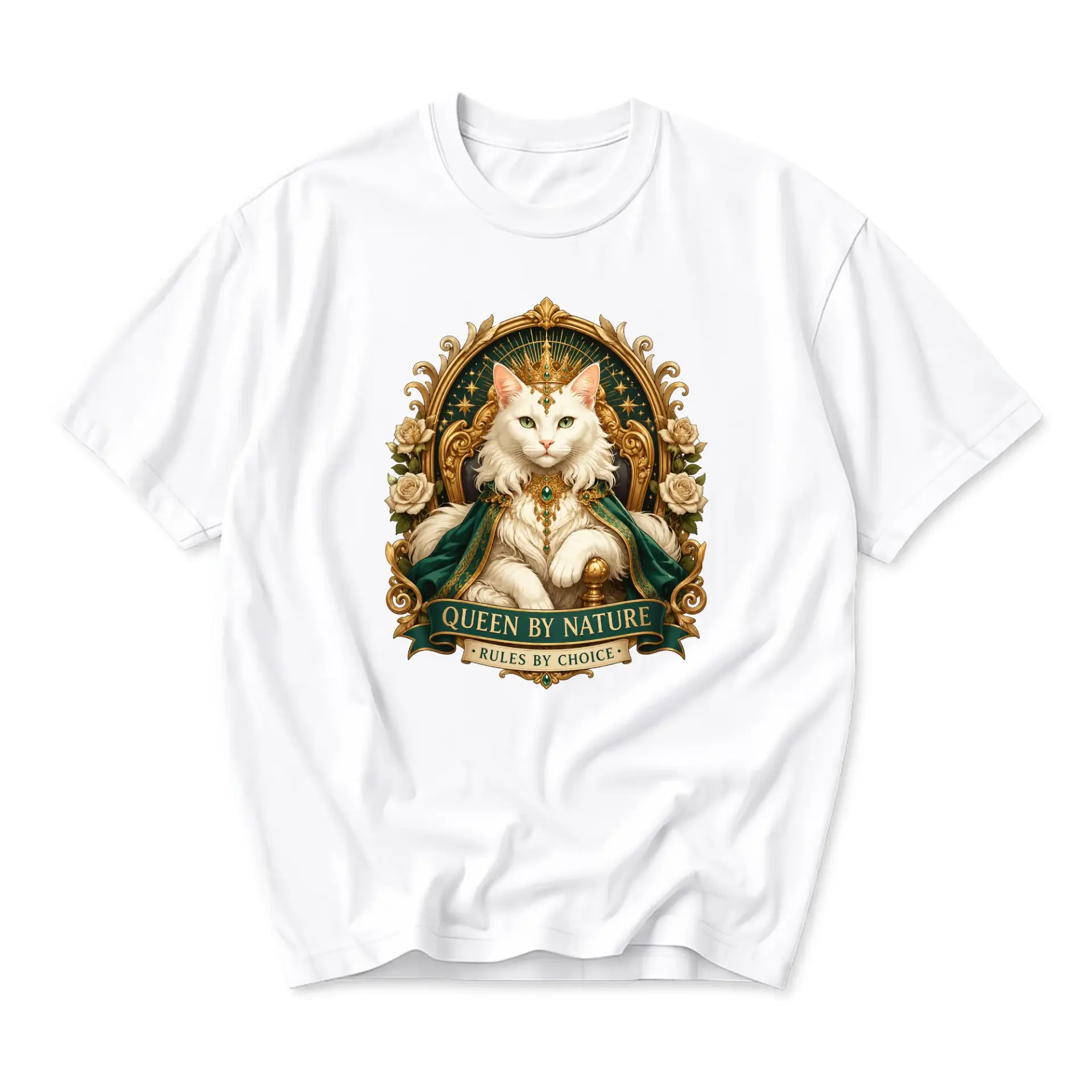 Graphic Tee Queen by Nature Rules by Choice Cat Lover Design Unisex White Crew Neck Casual Cotton Blend Shirt